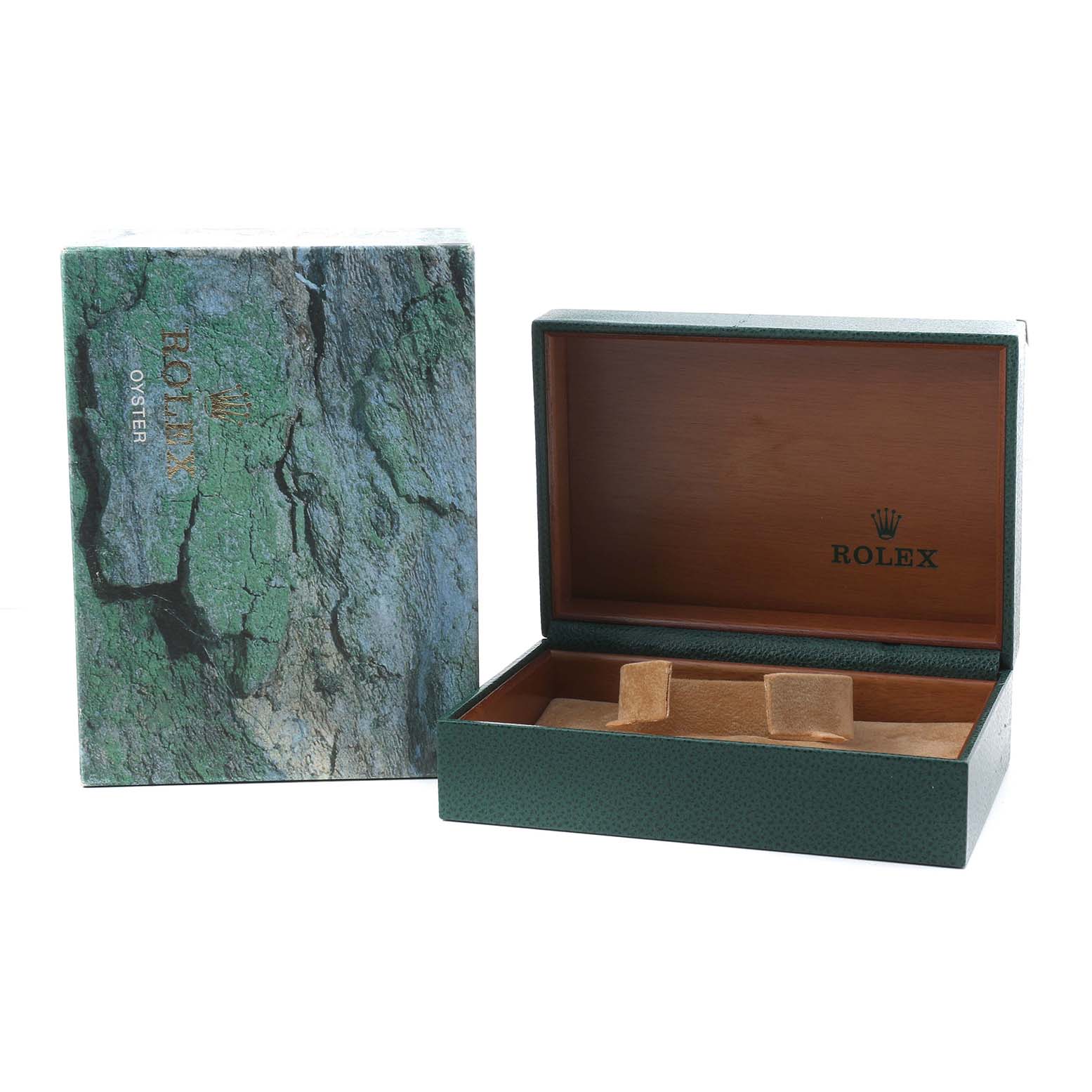 The image shows an open Rolex Submariner 16610 Men's Stainless Steel Black Dial box with the cover beside it, revealing the interior without the watch.