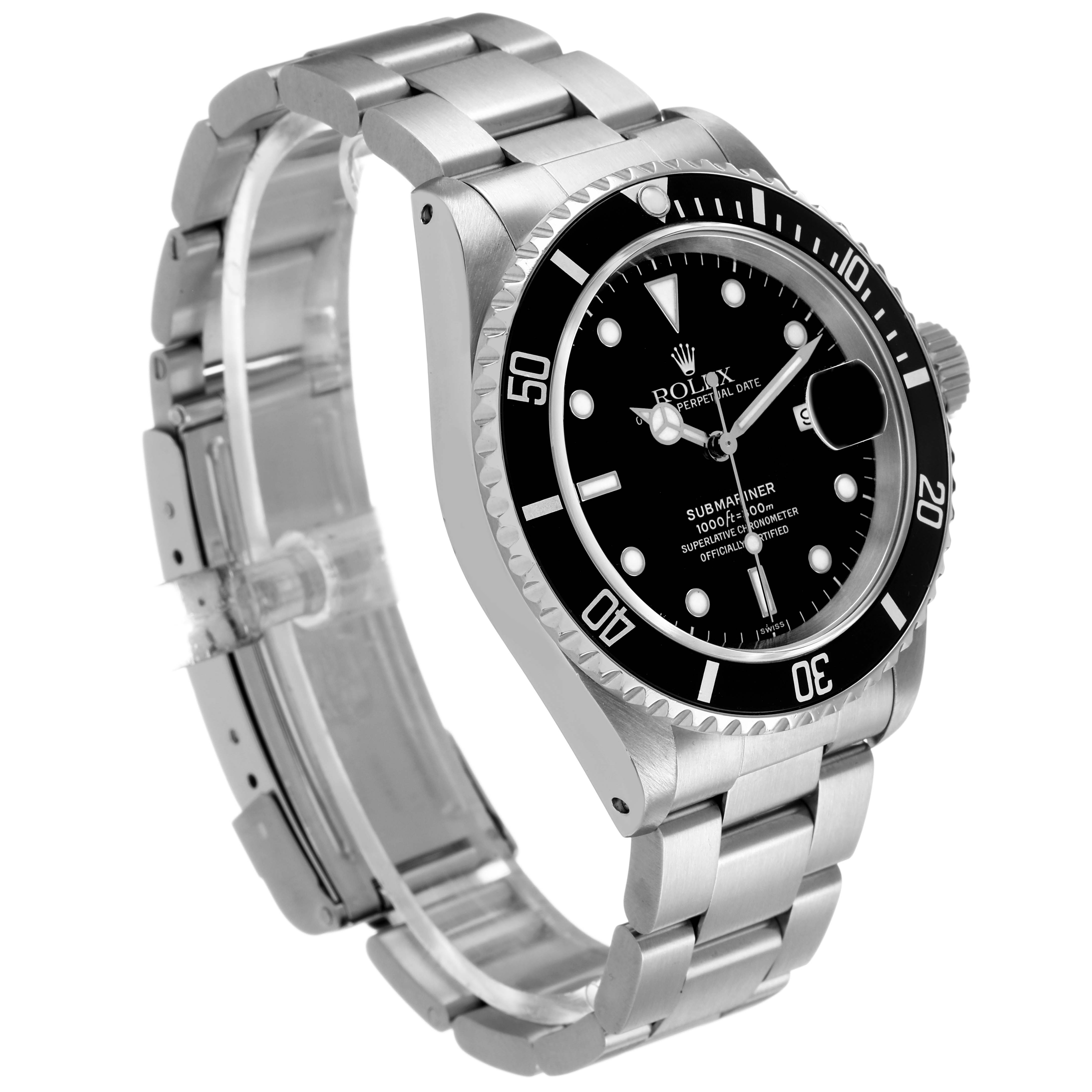 The Rolex Submariner 16610 Men's Stainless Steel Black Dial watch is shown at a side angle, displaying the bezel, dial, bracelet, and crown.