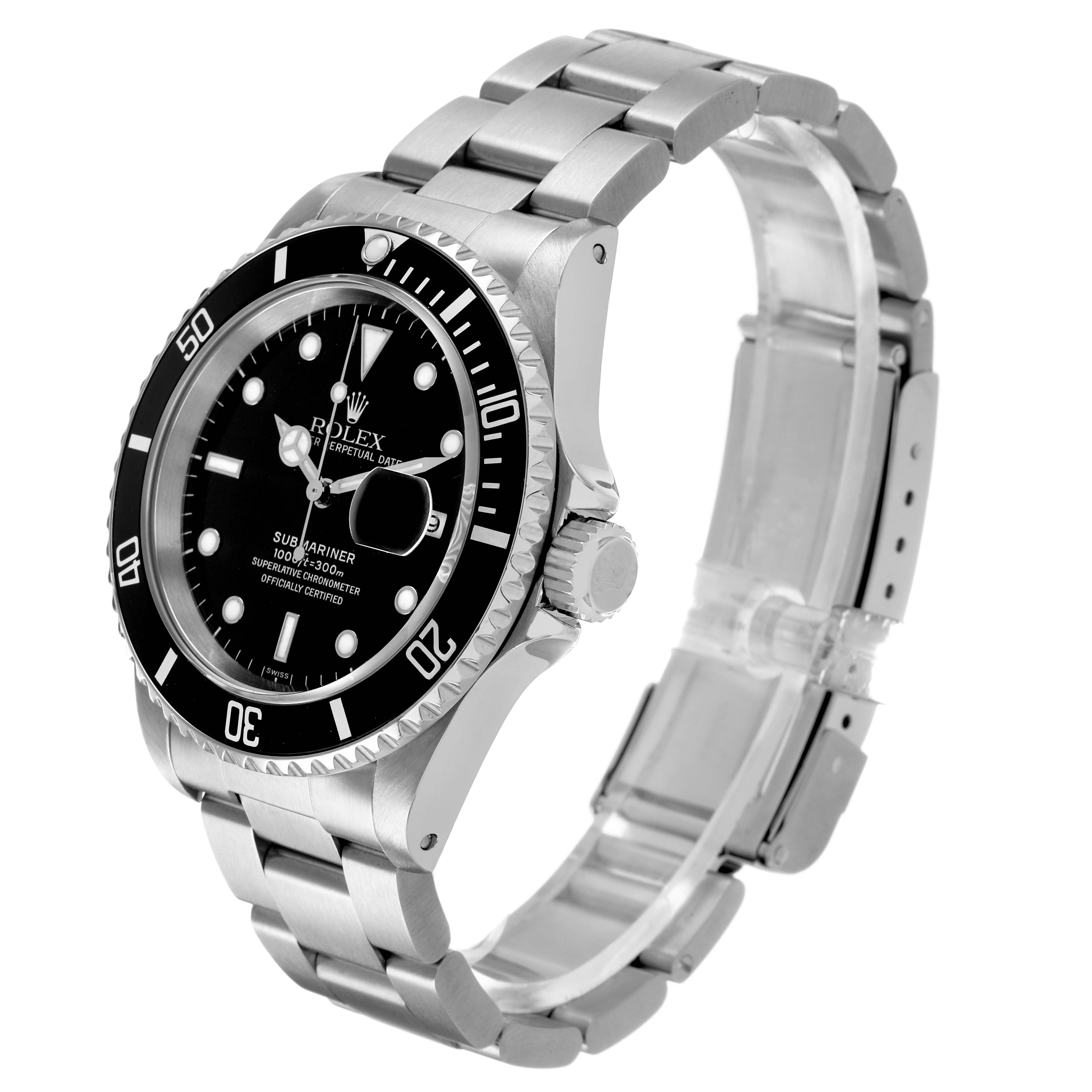 The Rolex Submariner 16610 Men's Stainless Steel Black Dial is shown at a three-quarter angle, displaying the dial, bezel, crown, and stainless steel bracelet.