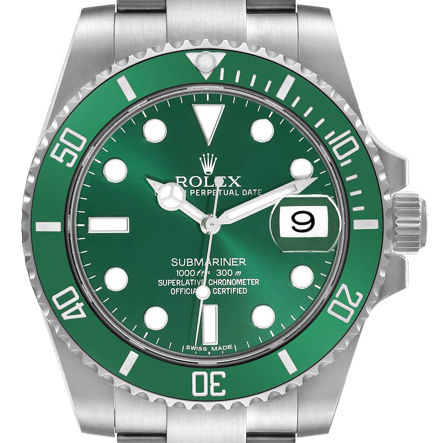 The image shows a front view of a Rolex Submariner, highlighting its green dial, bezel, and stainless steel bracelet.