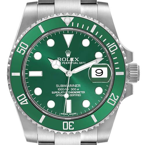 The image shows a front view of a Rolex Submariner watch, highlighting the green dial and bezel, and the date window.