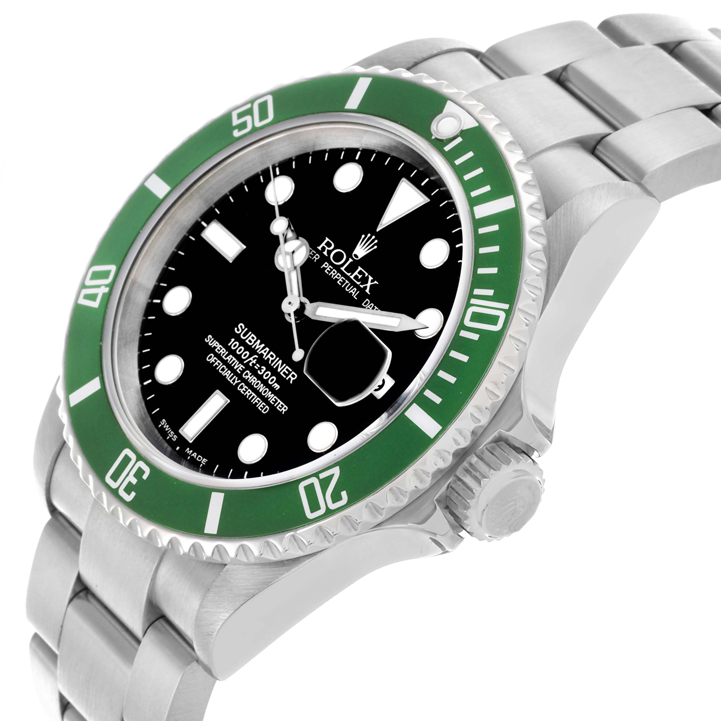 The image shows a Rolex Submariner 16610LV Men's Stainless Steel Black Dial 16610LV Men's Stainless Steel Black Dial watch at an angled close-up, featuring the green bezel, crown, and black dial with markers.