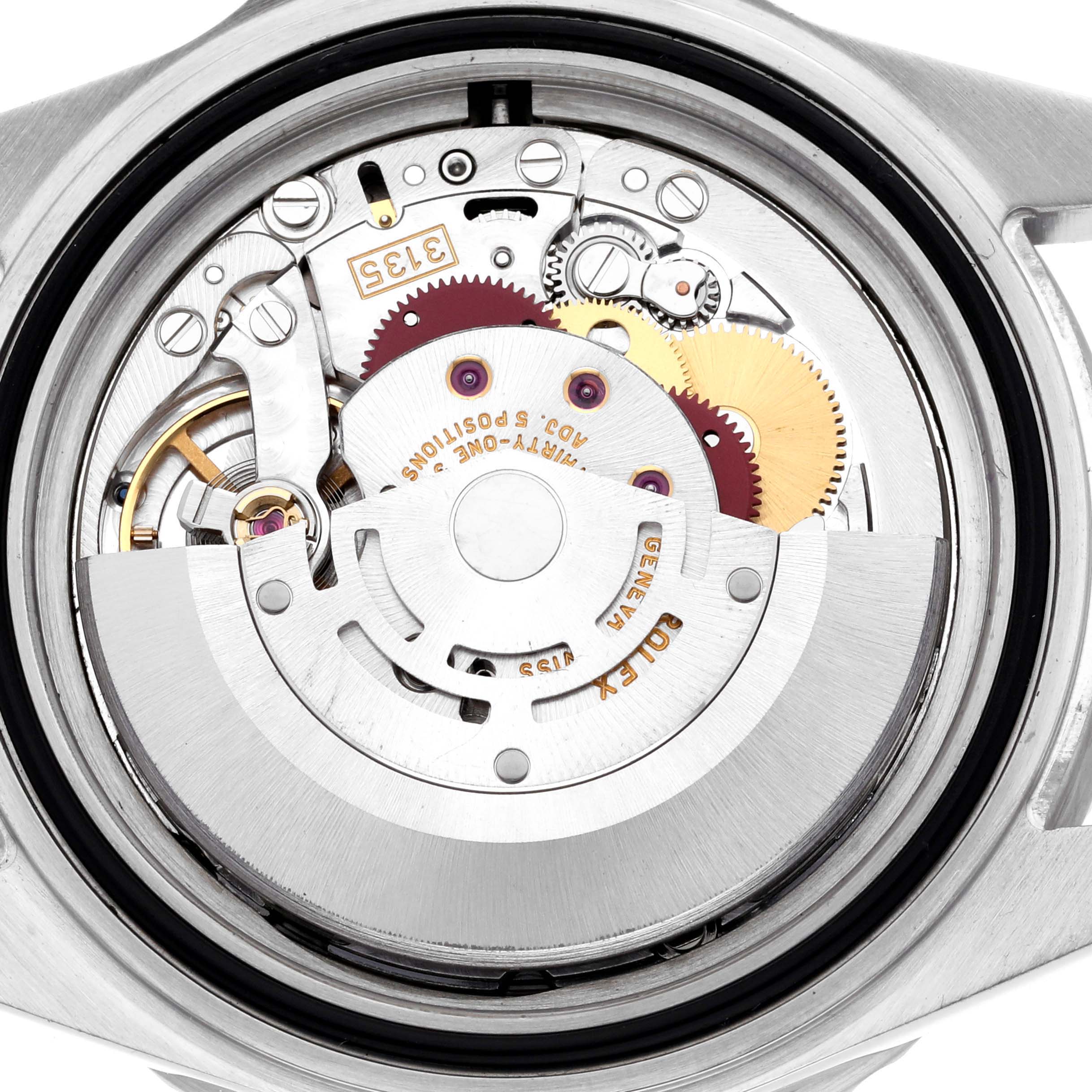 The image shows the back view of a Rolex Submariner 16610LV Men's Stainless Steel Black Dial 16610LV Men's Stainless Steel Black Dial, highlighting its internal mechanical movement.