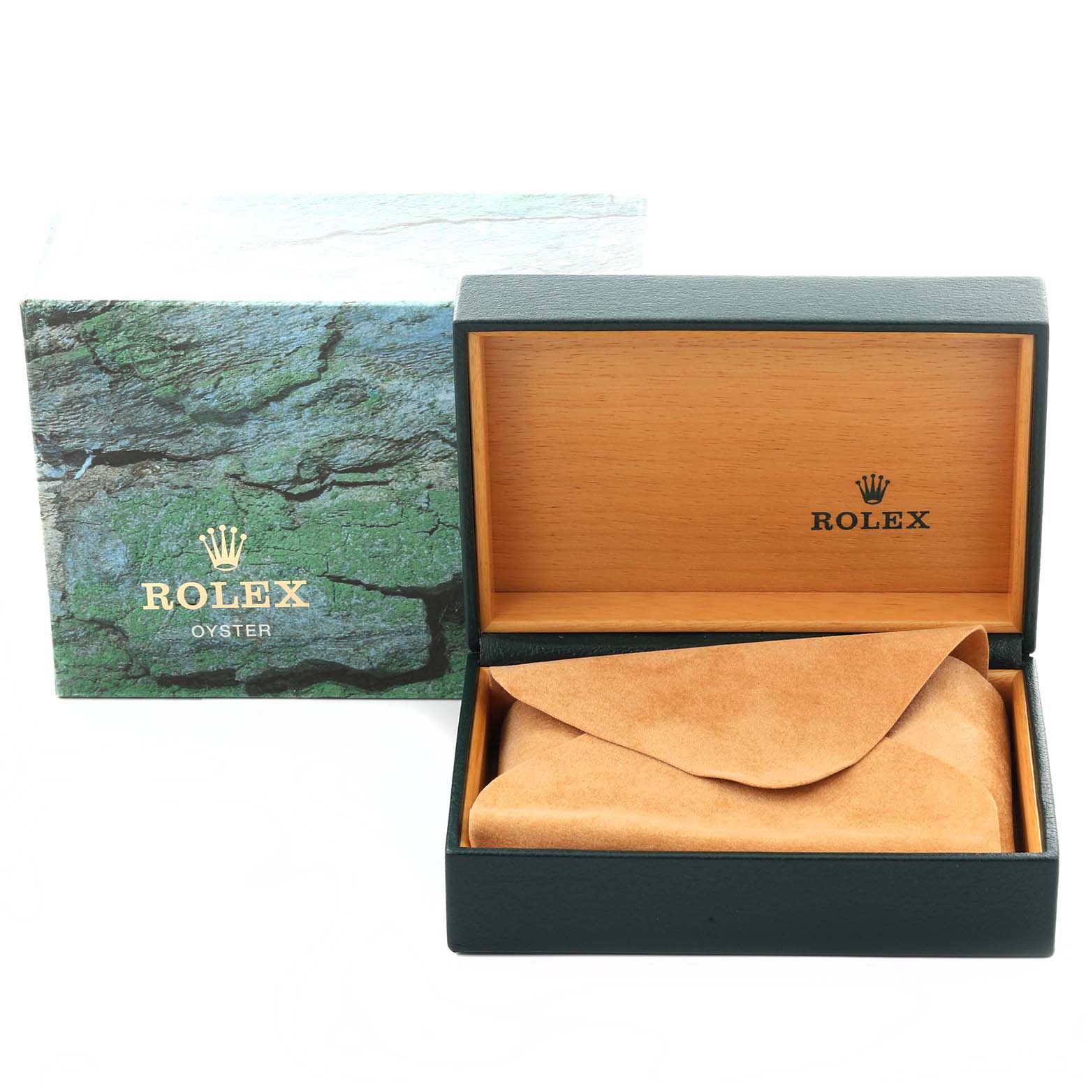 The image shows a Rolex Submariner 16610LV Men's Stainless Steel Black Dial 16610LV Men's Stainless Steel Black Dial watch box and inner packaging, open from a front-angle view, with a green outer box.