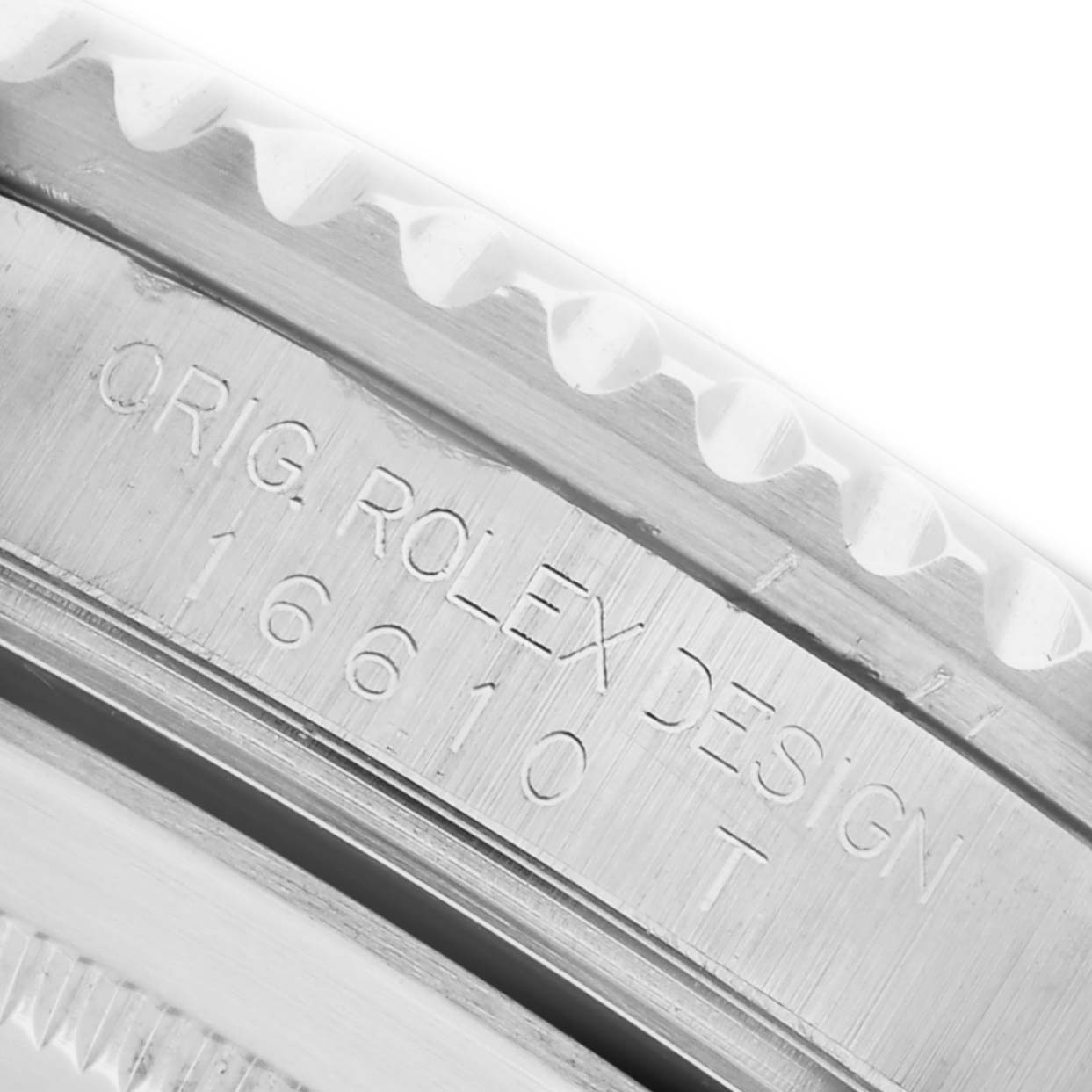 The image shows a close-up of the Rolex Submariner 16610LV Men's Stainless Steel Black Dial 16610LV Men's Stainless Steel Black Dial's case detailing, highlighting the model number and engraving.