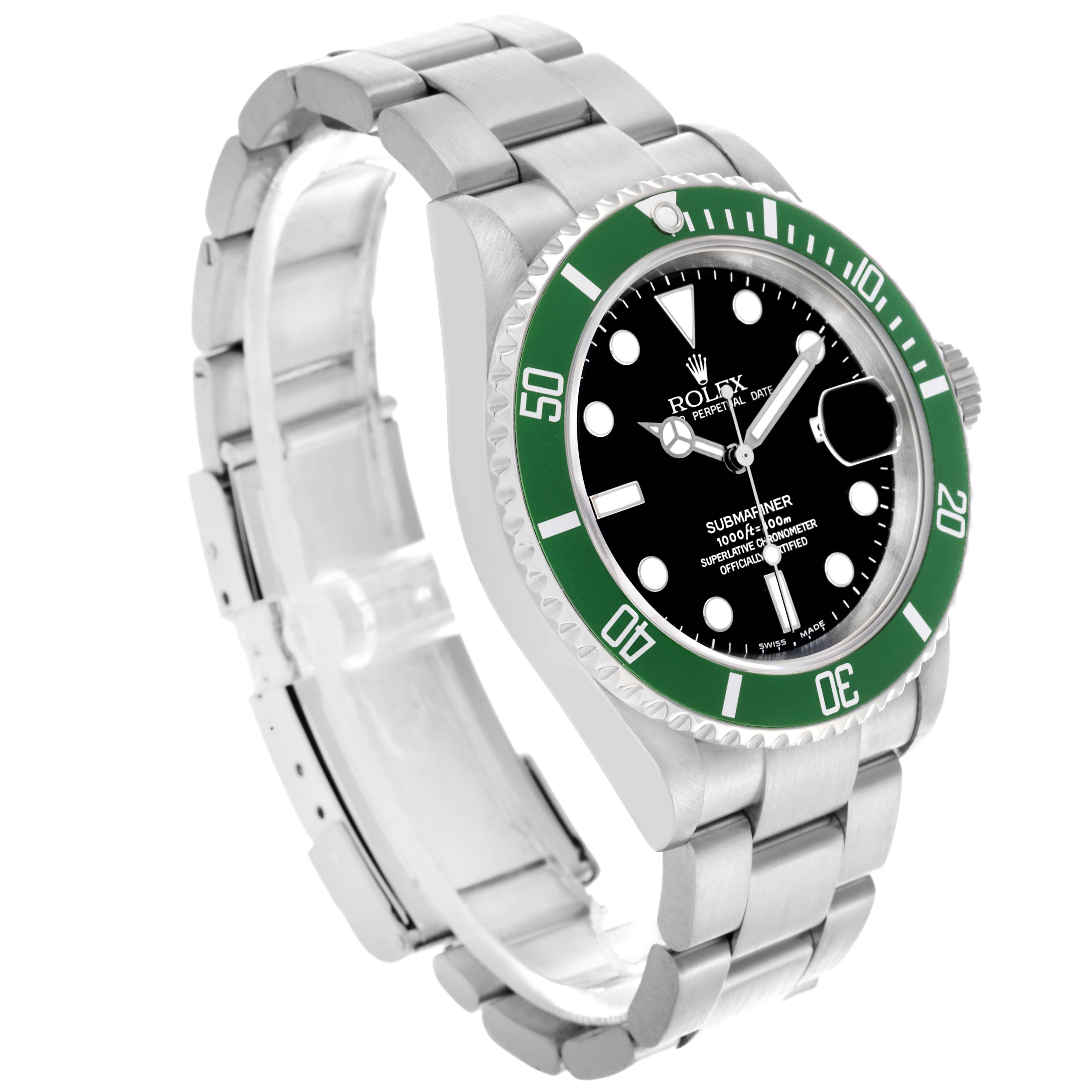 The image shows a Rolex Submariner 16610LV Men's Stainless Steel Black Dial 16610LV Men's Stainless Steel Black Dial watch at an angled side view, highlighting the green bezel, black dial, and stainless steel bracelet.