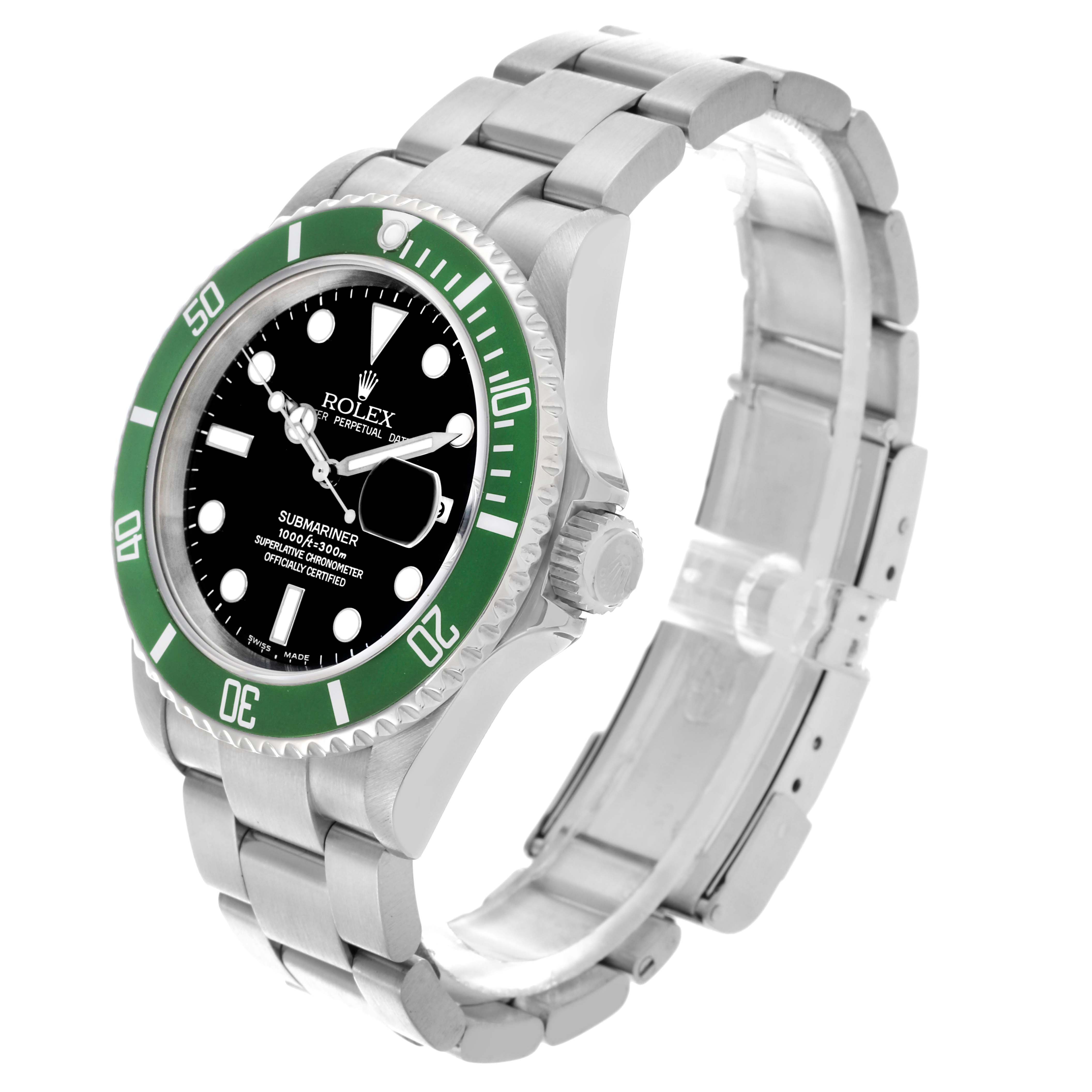 This Rolex Submariner 16610LV Men's Stainless Steel Black Dial 16610LV Men's Stainless Steel Black Dial watch is shown at a left side angle, displaying the face, bezel, crown, and partially open bracelet.