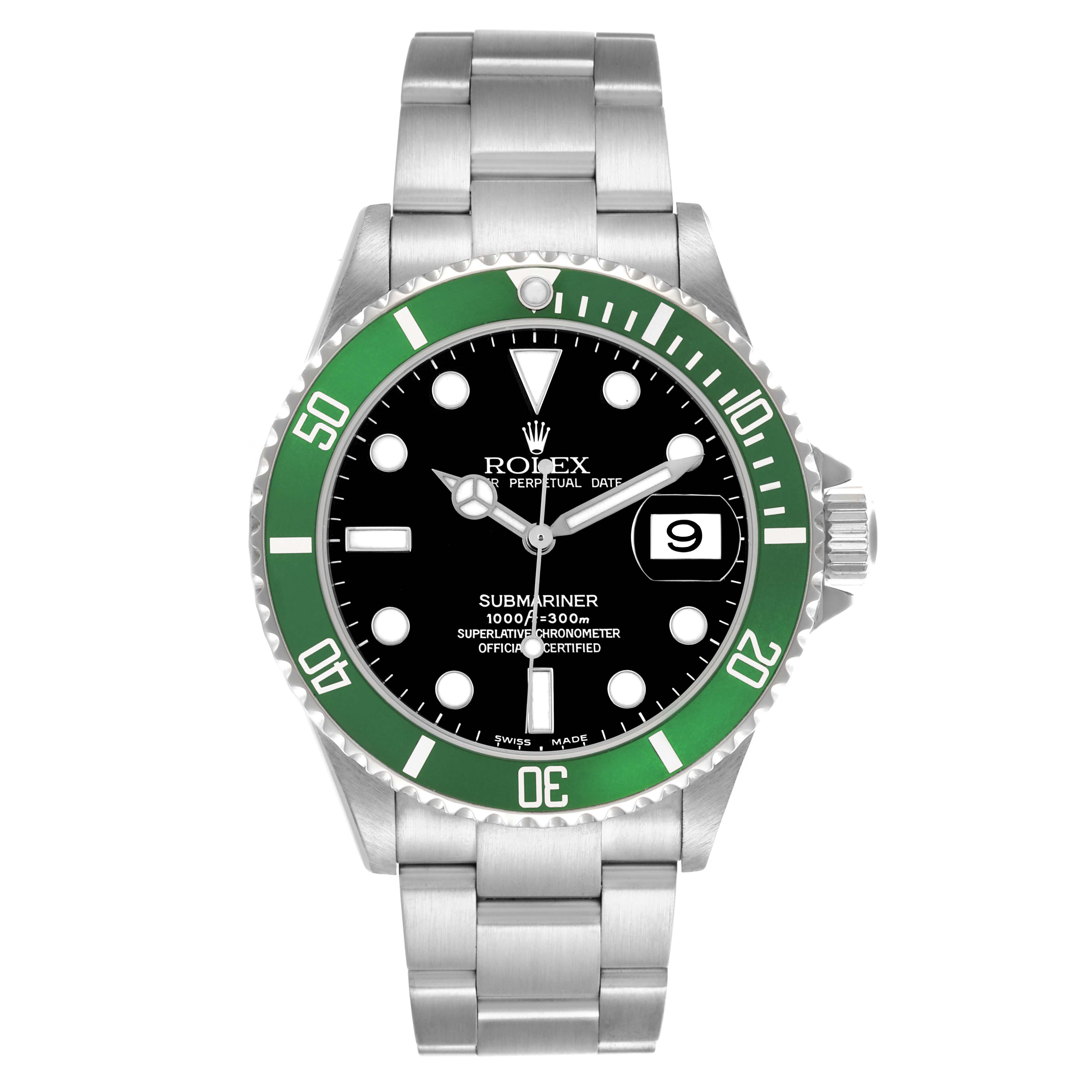 The Rolex Submariner 16610LV Men's Stainless Steel Black Dial 16610LV Men's Stainless Steel Black Dial watch is shown from a front angle, displaying the dial, hands, bezel, and bracelet.