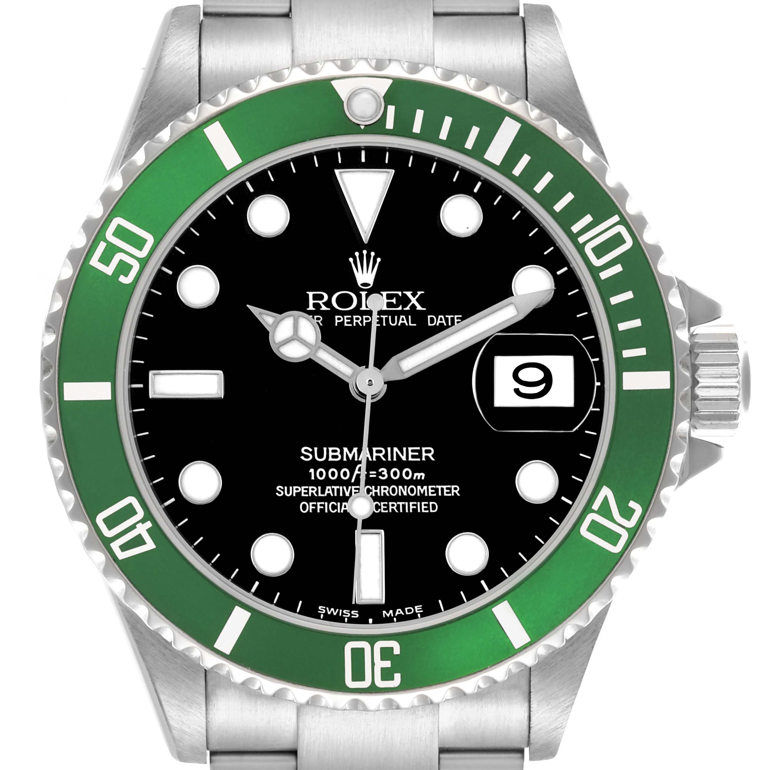 The image shows a front view of the Rolex Submariner 16610LV Men's Stainless Steel Black Dial 16610LV Men's Stainless Steel Black Dial watch, highlighting its green bezel, black dial, and date window.