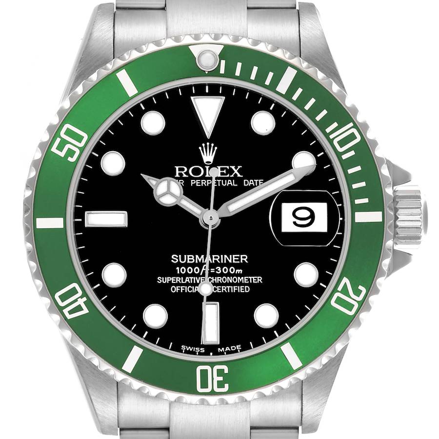 The image shows a front view of the Rolex Submariner watch, highlighting its green bezel, black dial, and date window.