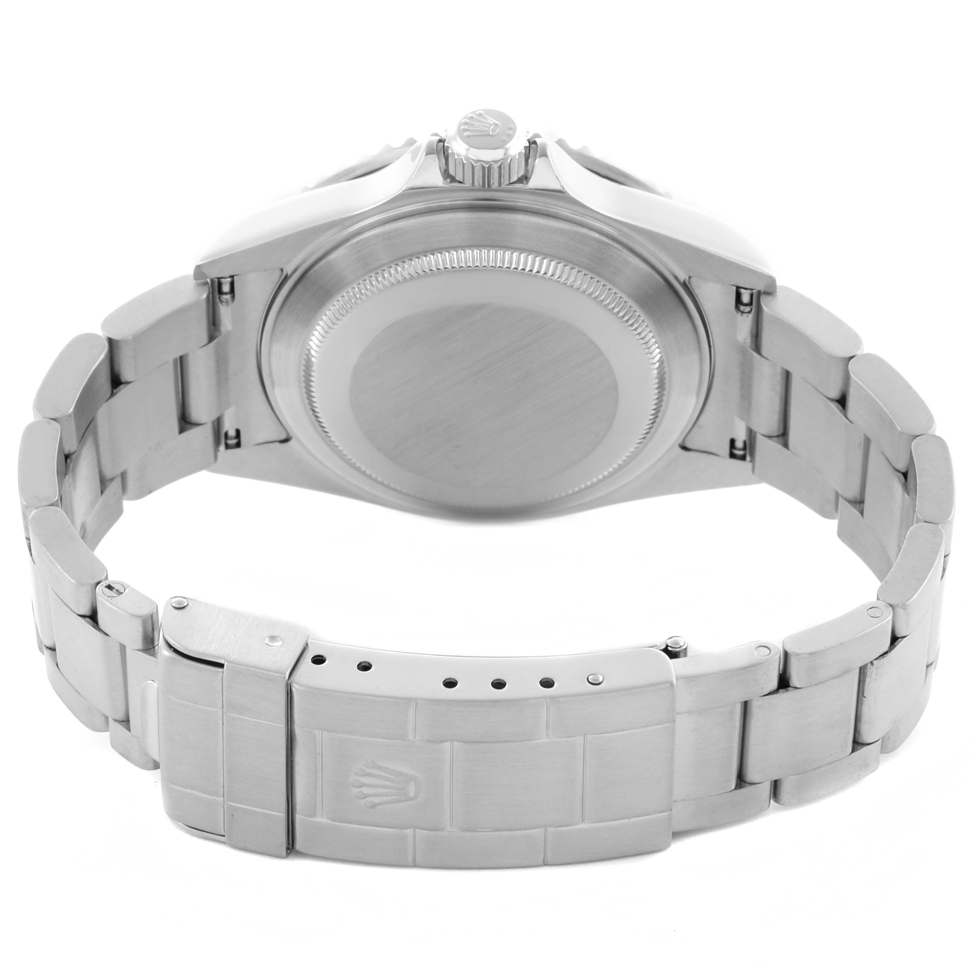 The image shows the back case and bracelet clasp of a Rolex Submariner 16610LV Men's Stainless Steel Black Dial 16610LV Men's Stainless Steel Black Dial watch from a rear angle.