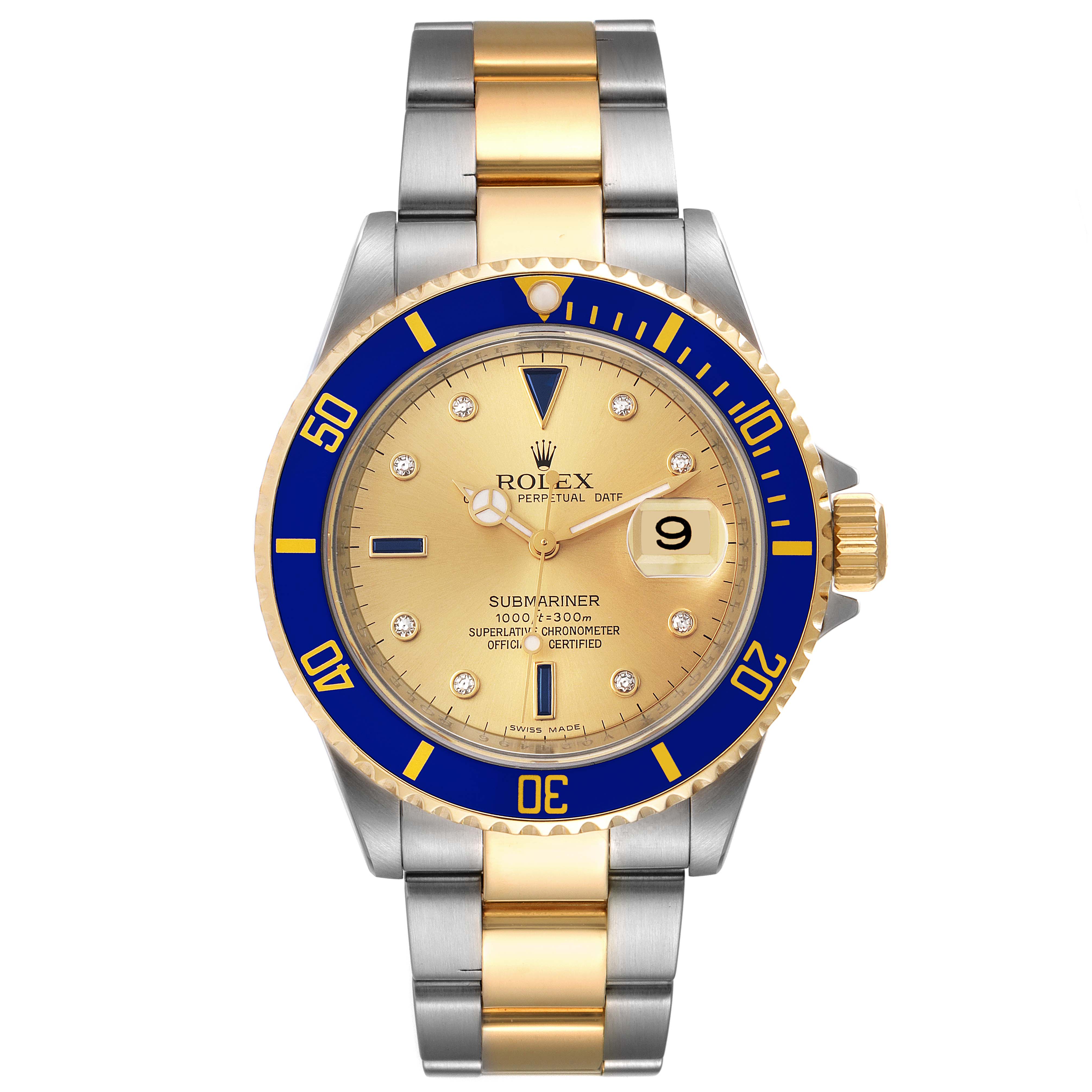 This is a front view of a Rolex Submariner 16613 Men's Steel and Gold (two tone) Champagne Dial 16613 Men's Steel and Gold (two tone) Champagne Dial watch, showing the face, bezel, and a two-tone bracelet.