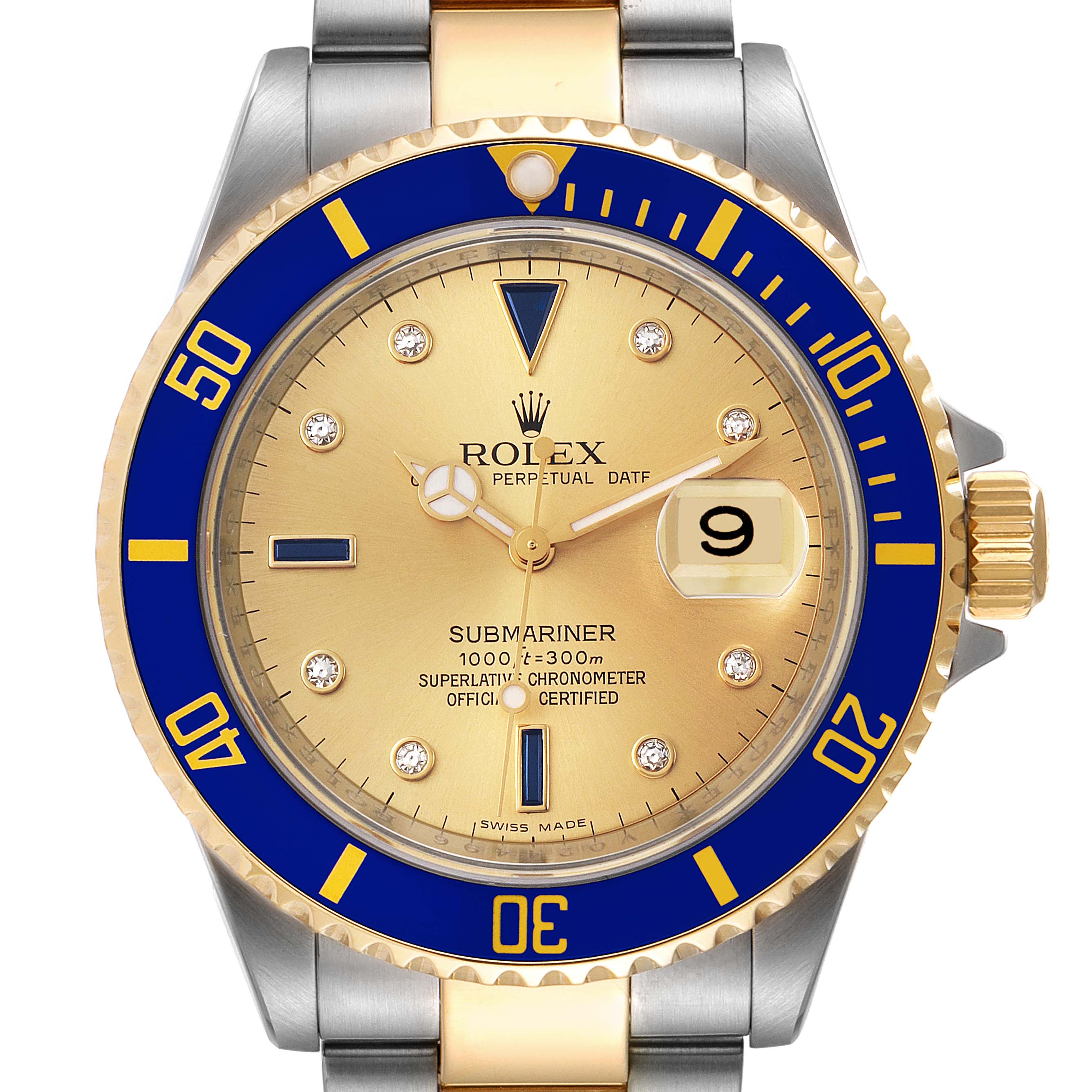 The image shows a front view of a Rolex Submariner 16613 Men's Steel and Gold (two tone) Champagne Dial 16613 Men's Steel and Gold (two tone) Champagne Dial watch, highlighting the dial, bezel, and crown.