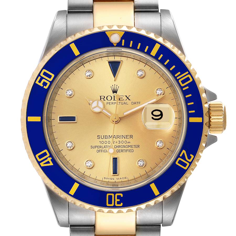 Rolex Submariner Steel Gold Diamond Sapphire Serti Dial Watch 16613 Box Card SwissWatchExpo