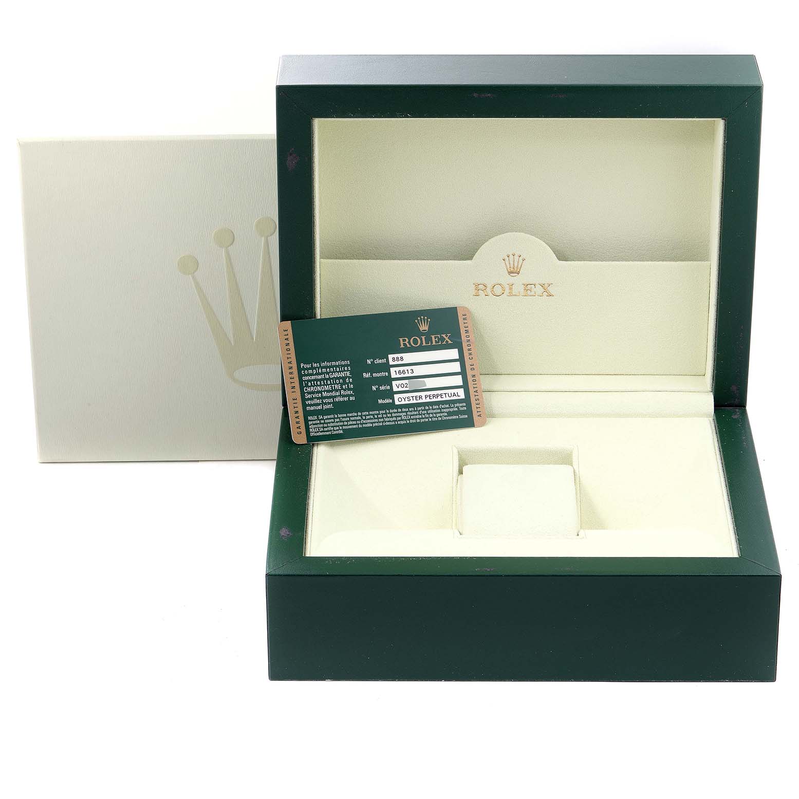 The image shows an open Rolex Submariner 16613 Men's Steel and Gold (two tone) Champagne Dial 16613 Men's Steel and Gold (two tone) Champagne Dial watch box and its certificate card, viewed from the front.