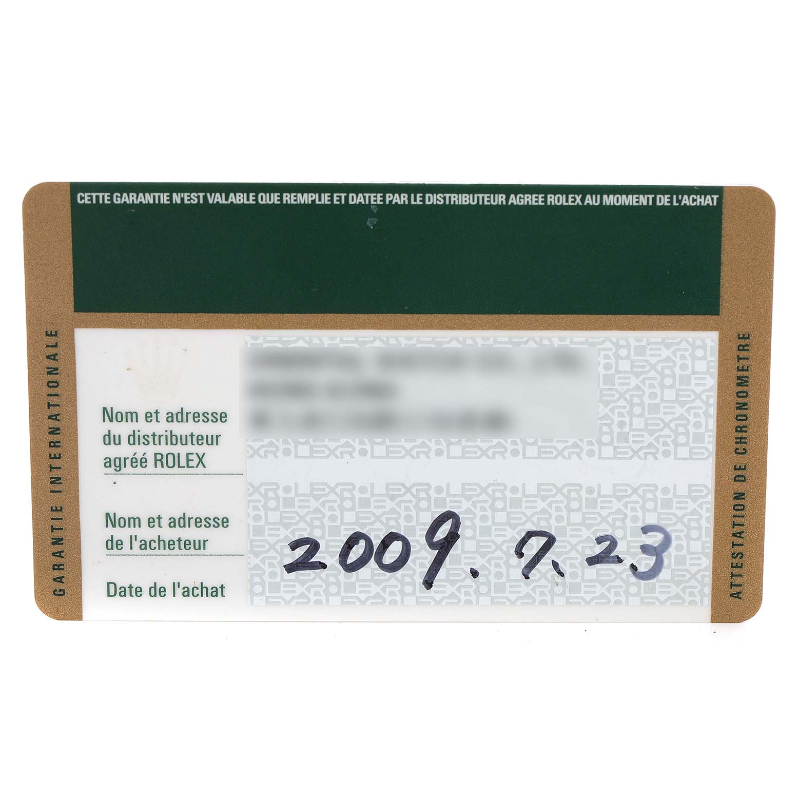 The image shows a warranty card for a Rolex Submariner 16613 Men's Steel and Gold (two tone) Champagne Dial 16613 Men's Steel and Gold (two tone) Champagne Dial, dated 2009.