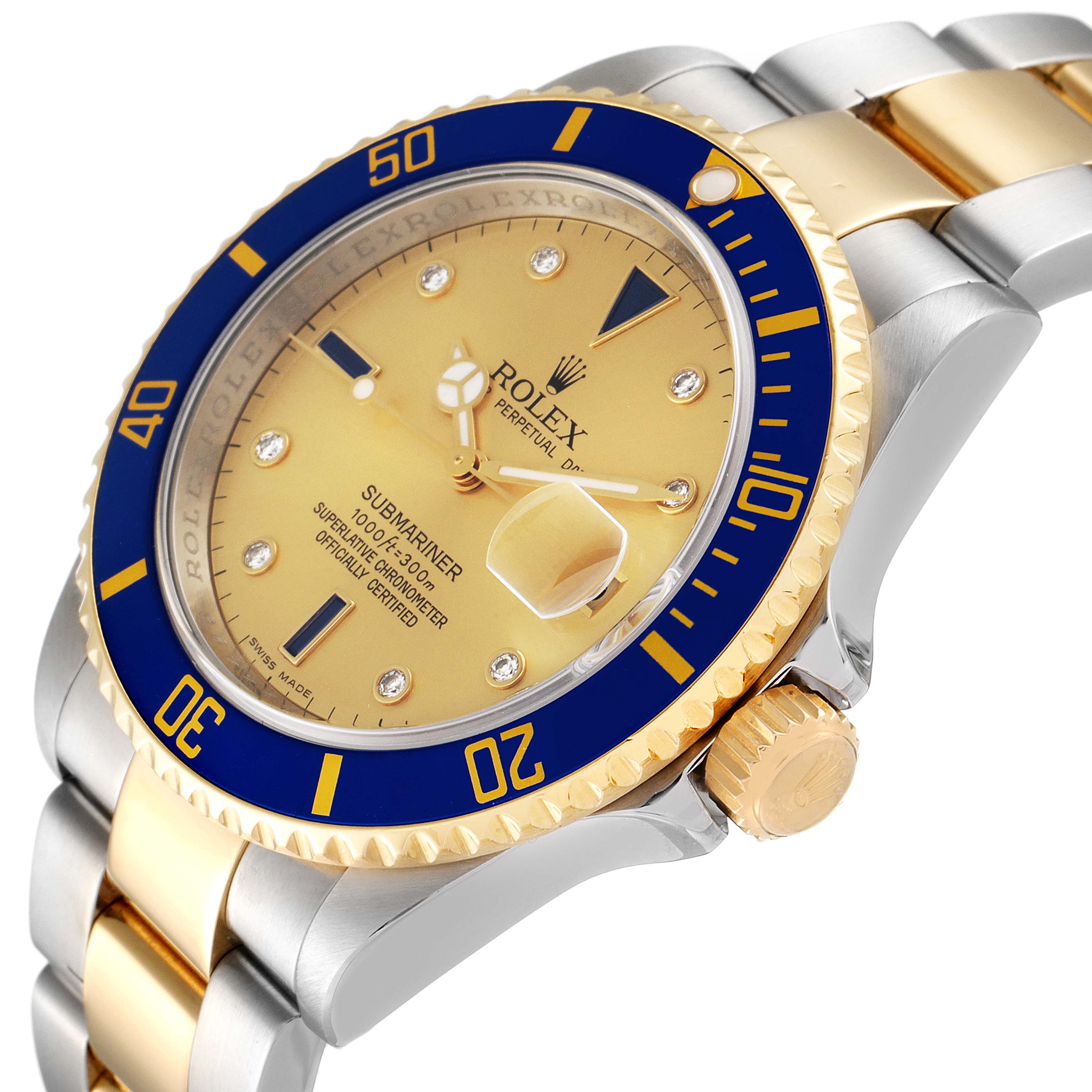 The image shows an angled close-up of the Rolex Submariner 16613 Men's Steel and Gold (two tone) Champagne Dial 16613 Men's Steel and Gold (two tone) Champagne Dial, highlighting the gold dial, blue bezel, and two-tone bracelet.