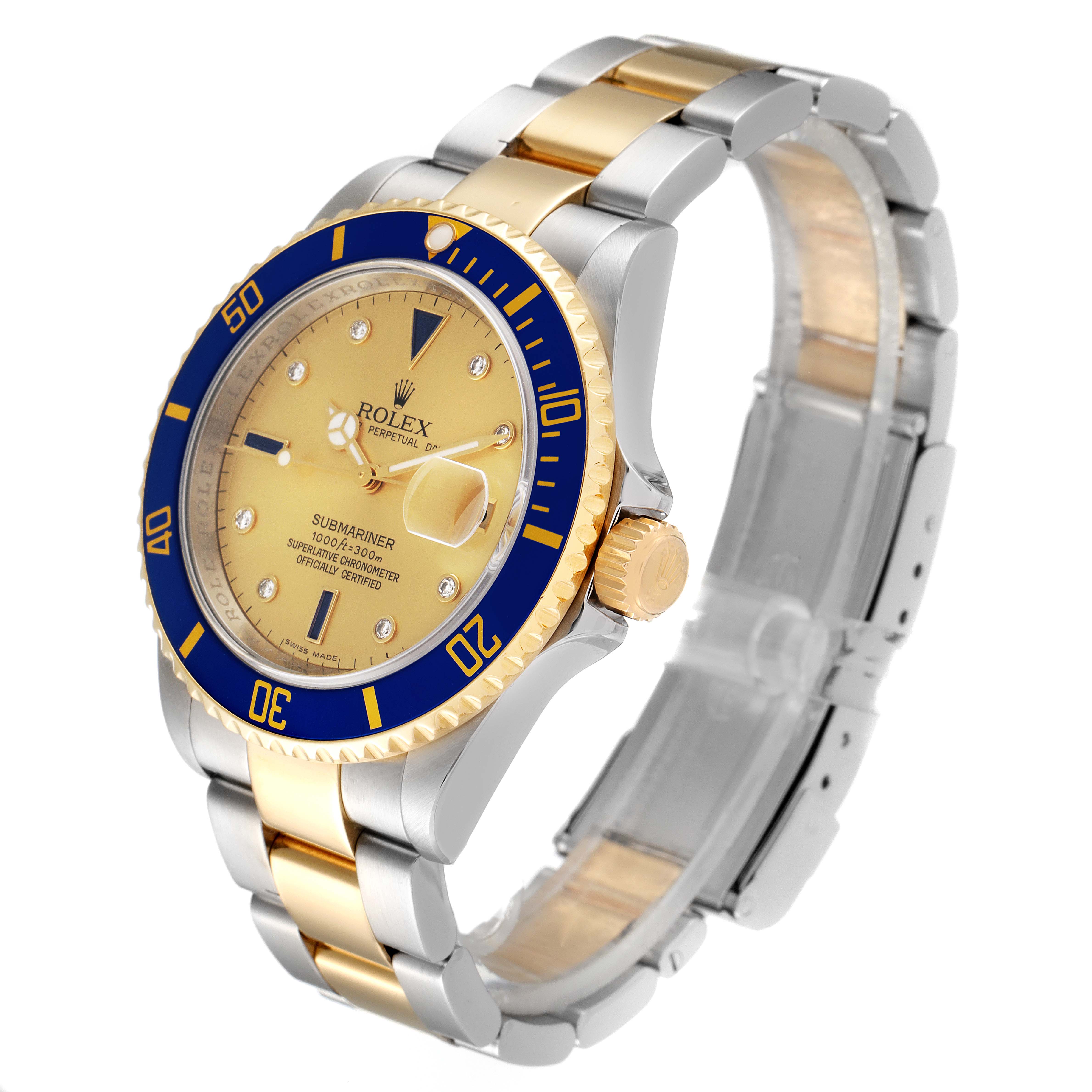 The Rolex Submariner 16613 Men's Steel and Gold (two tone) Champagne Dial 16613 Men's Steel and Gold (two tone) Champagne Dial watch is shown at a three-quarter angle, highlighting its bezel, dial, case, and bracelet.