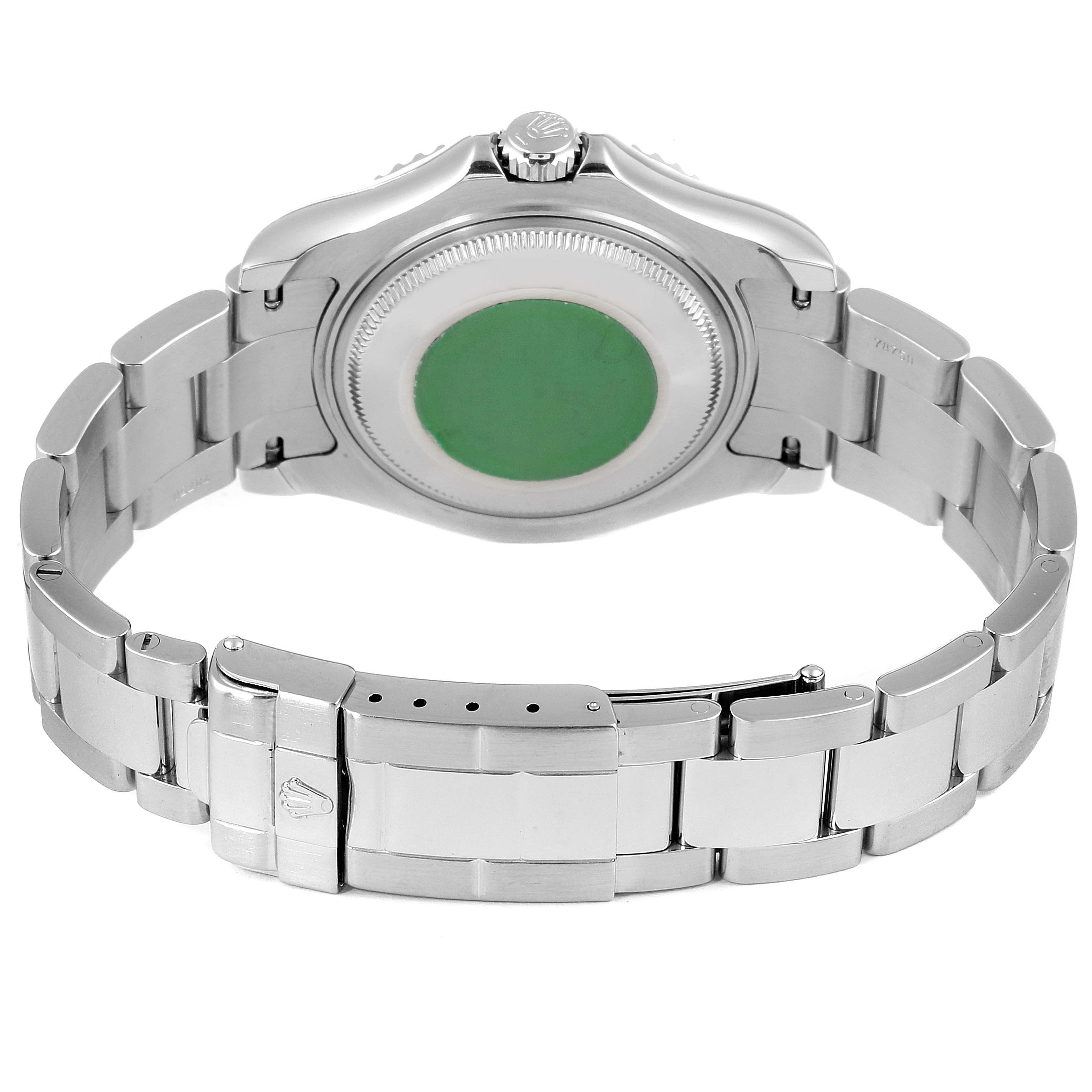 The Rolex Yacht-Master 168622 Men
s Stainless Steel Silver Dial 168622 Men
s Stainless Steel Silver Dial watch is shown from the back, highlighting its case, bracelet, and clasp.