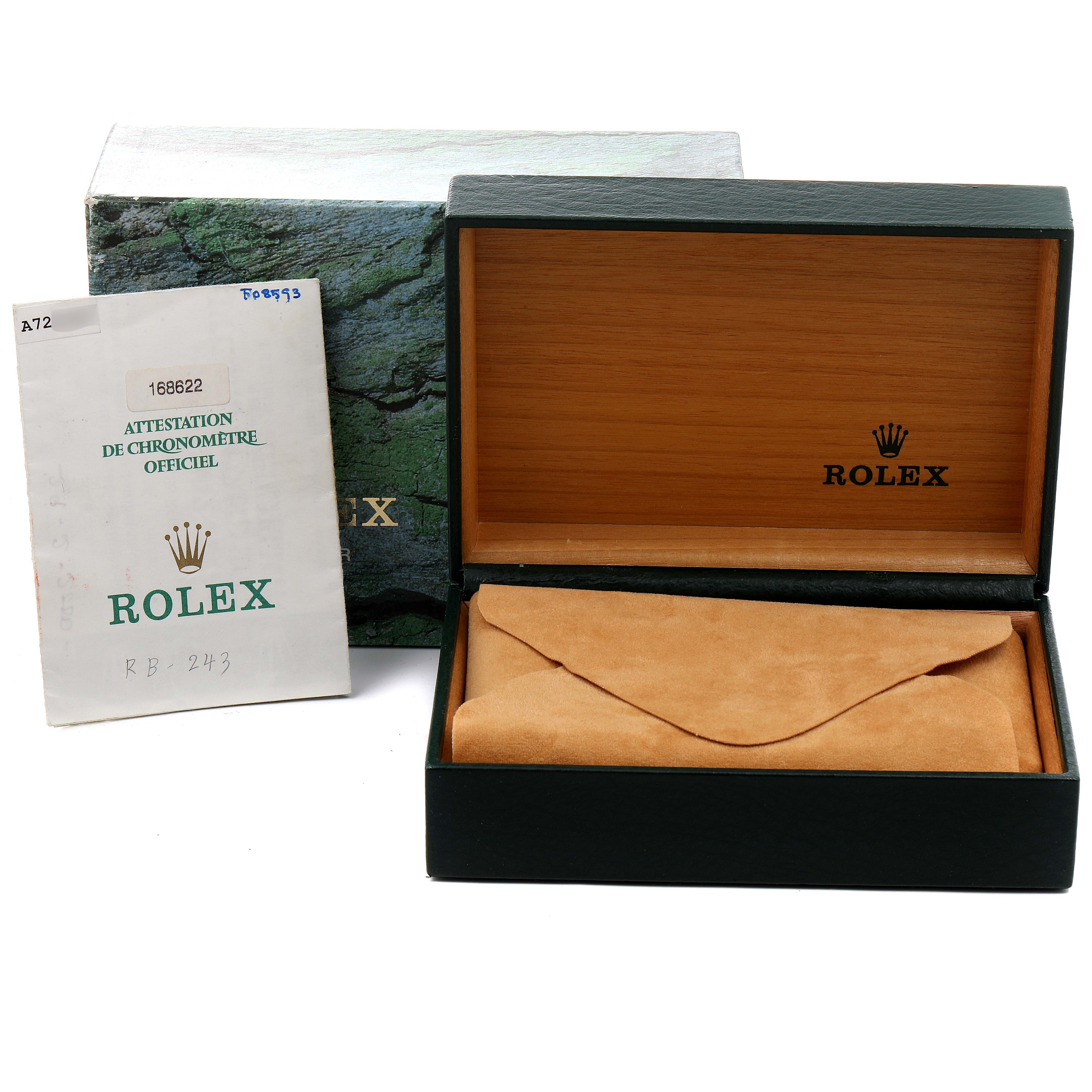 The image shows the box and documents for the Rolex Yacht-Master 168622 Men
s Stainless Steel Silver Dial 168622 Men
s Stainless Steel Silver Dial watch, with the watch box open and empty.