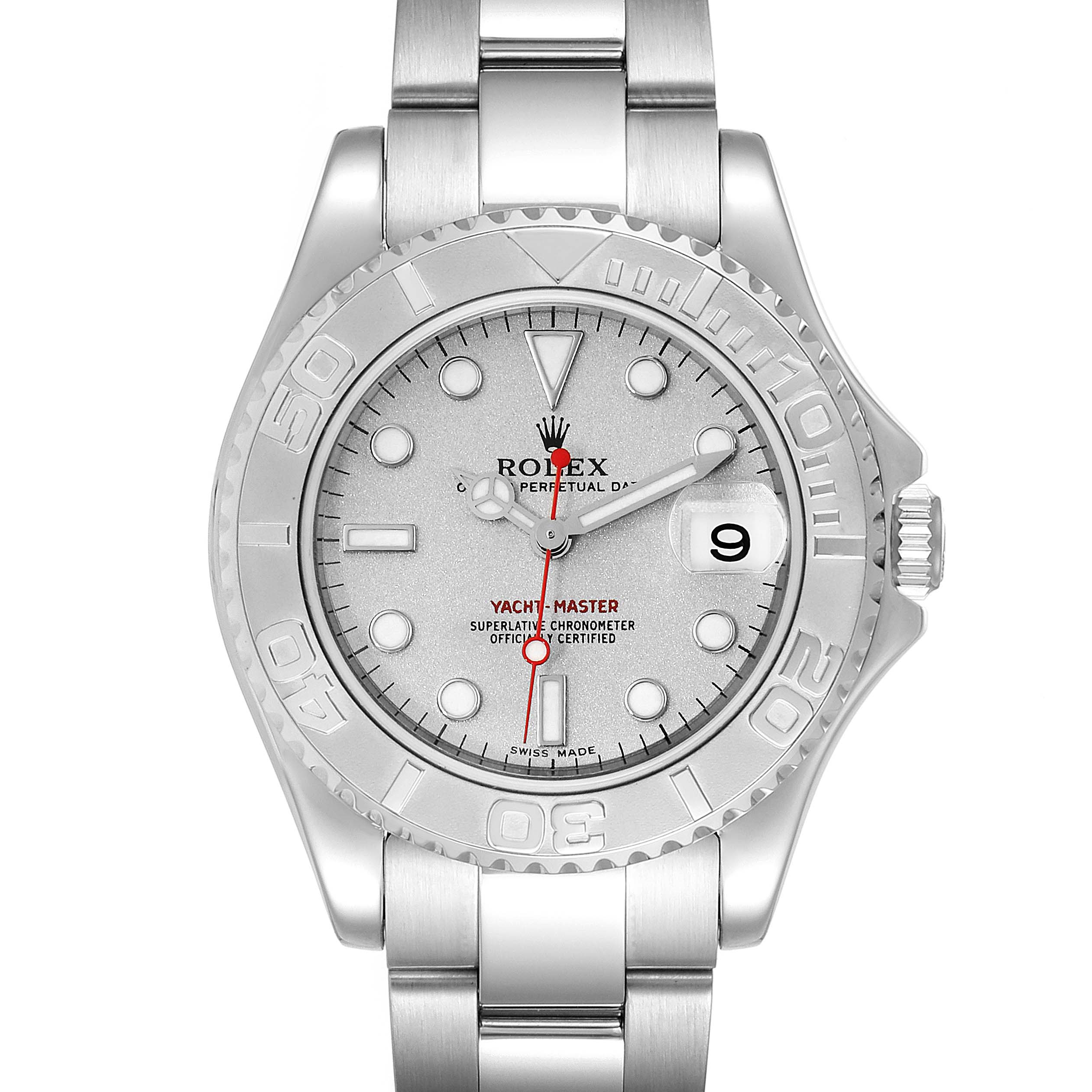 The image shows a front view of the Rolex Yacht-Master 168622 Men
s Stainless Steel Silver Dial 168622 Men
s Stainless Steel Silver Dial watch, highlighting the dial, bezel, and bracelet.