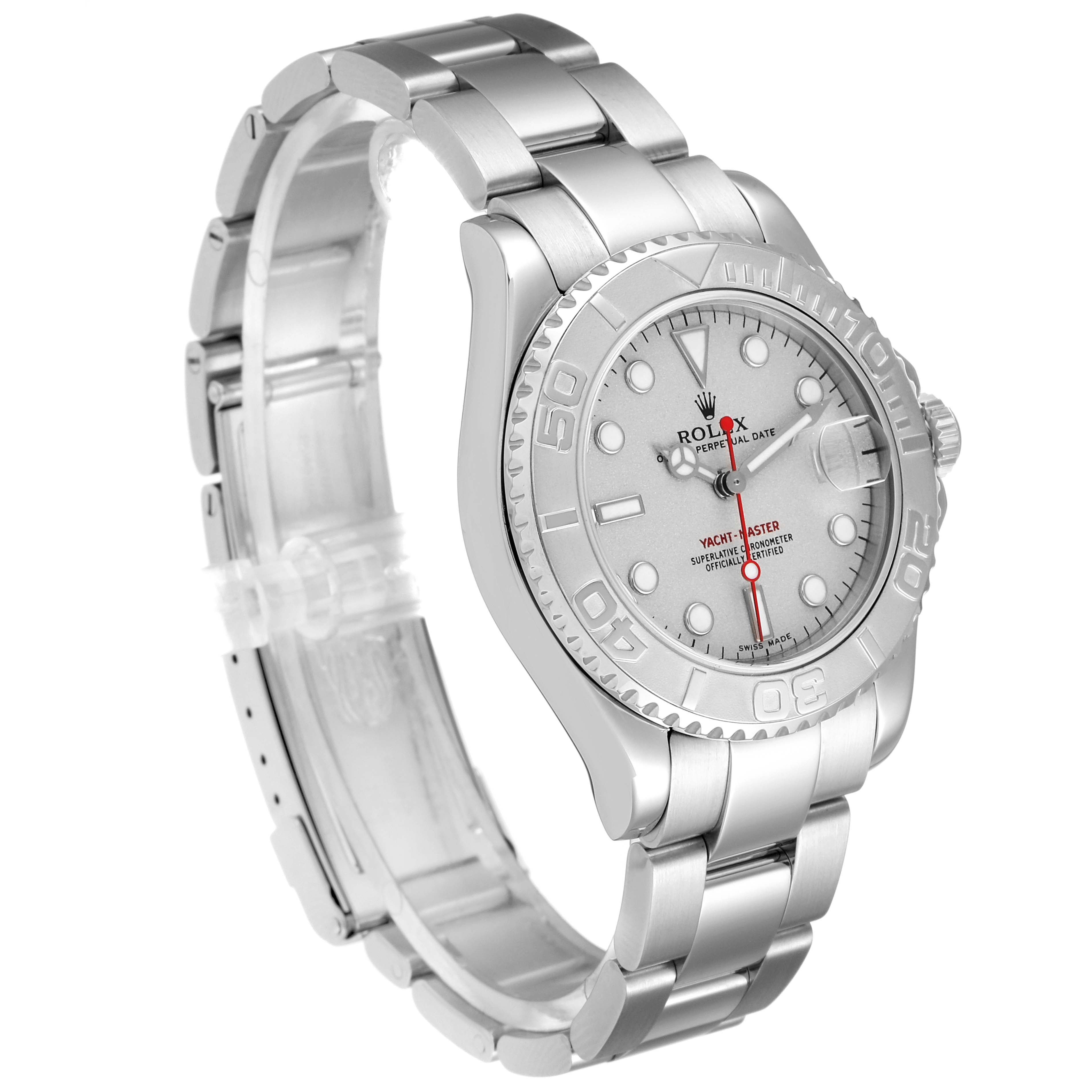 The image shows a side angle of a Rolex Yacht-Master 168622 Men
s Stainless Steel Silver Dial 168622 Men
s Stainless Steel Silver Dial watch, highlighting the bracelet, dial, and bezel.