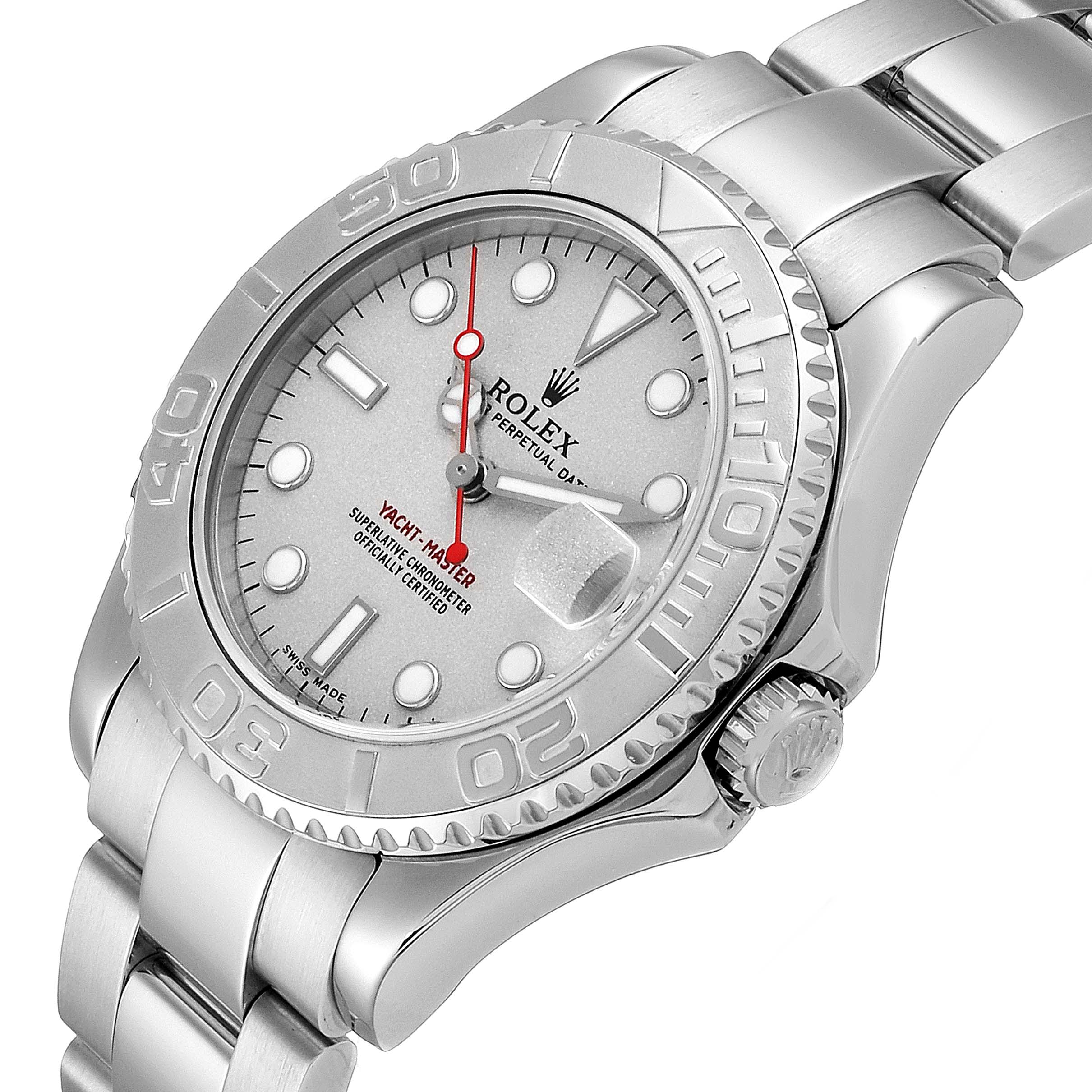 The Rolex Yacht-Master 168622 Men
s Stainless Steel Silver Dial 168622 Men
s Stainless Steel Silver Dial watch is shown from a front-side angle, highlighting the dial, bezel, crown, and part of the bracelet.