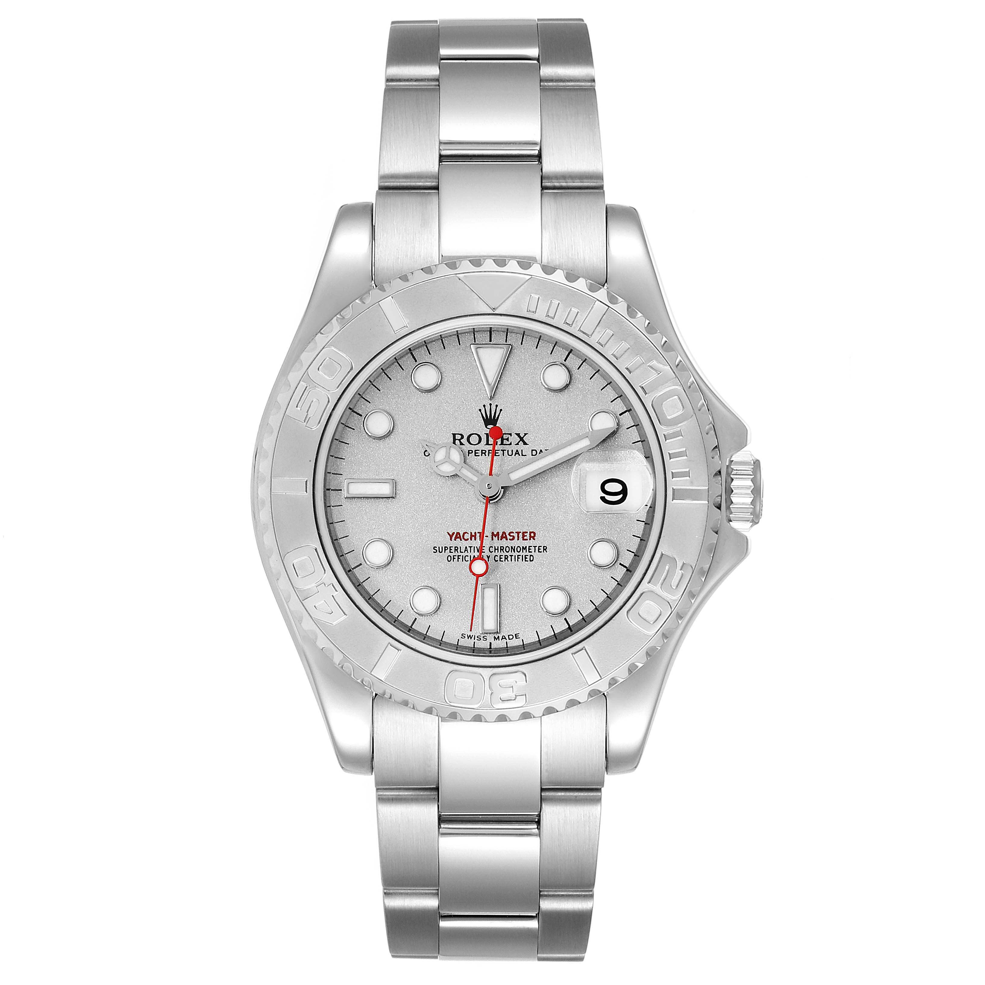 The image shows a front view of the Rolex Yacht-Master 168622 Men
s Stainless Steel Silver Dial 168622 Men
s Stainless Steel Silver Dial watch, highlighting the face, bezel, and bracelet.