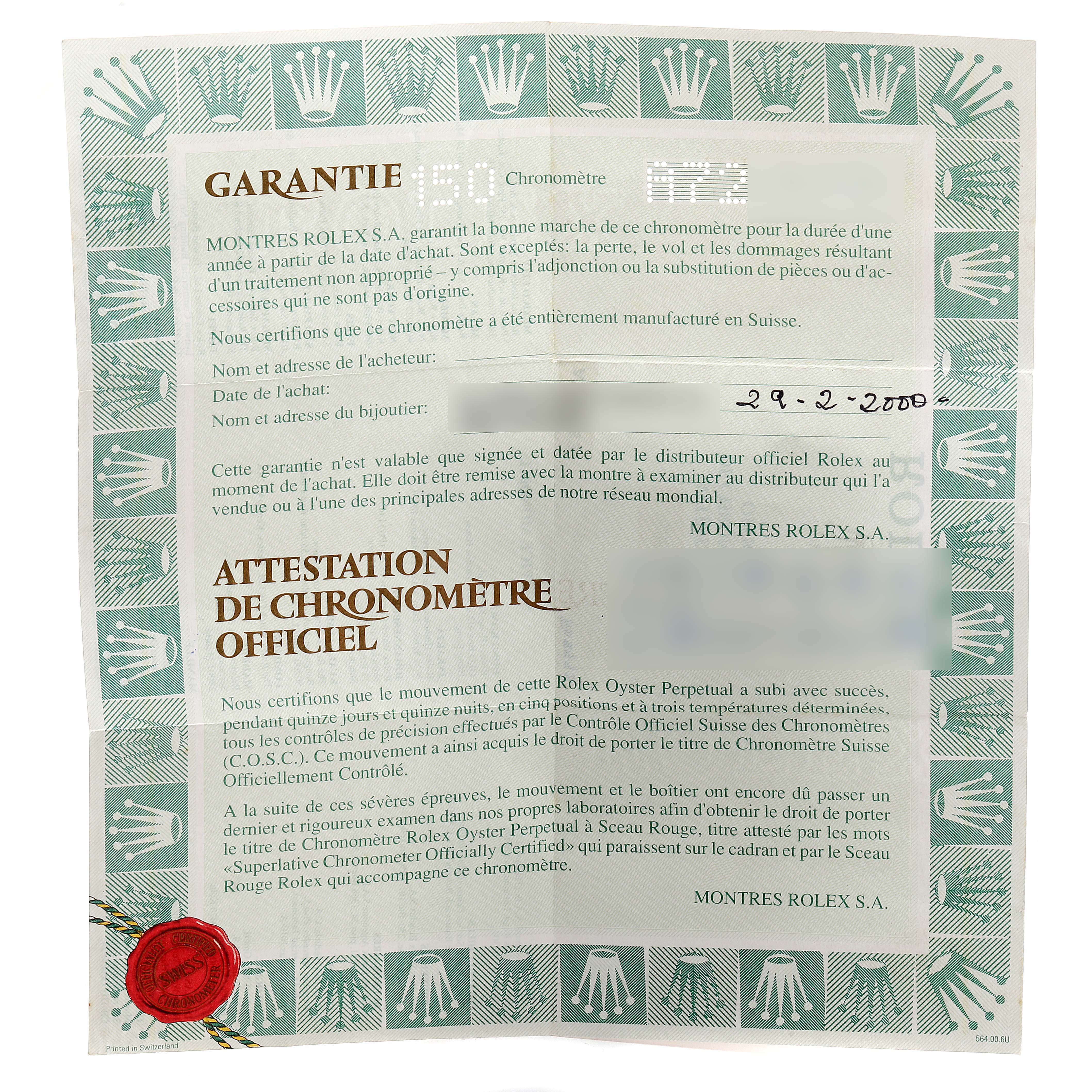 The image shows a warranty certificate for the Rolex Yacht-Master 168622 Men
s Stainless Steel Silver Dial 168622 Men
s Stainless Steel Silver Dial model.