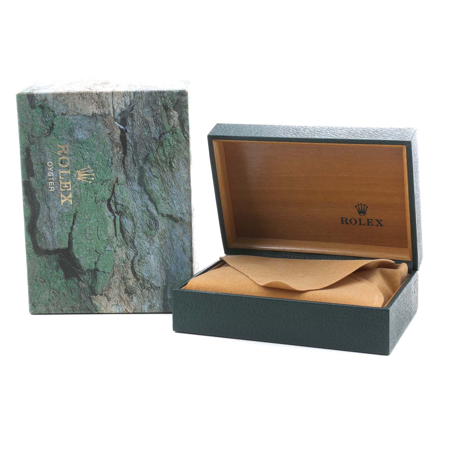 The image shows a closed and open Rolex Yacht-Master 16622 Men's Stainless Steel Silver Dial watch box, featuring a green textured cover, and an interior lined with wood.