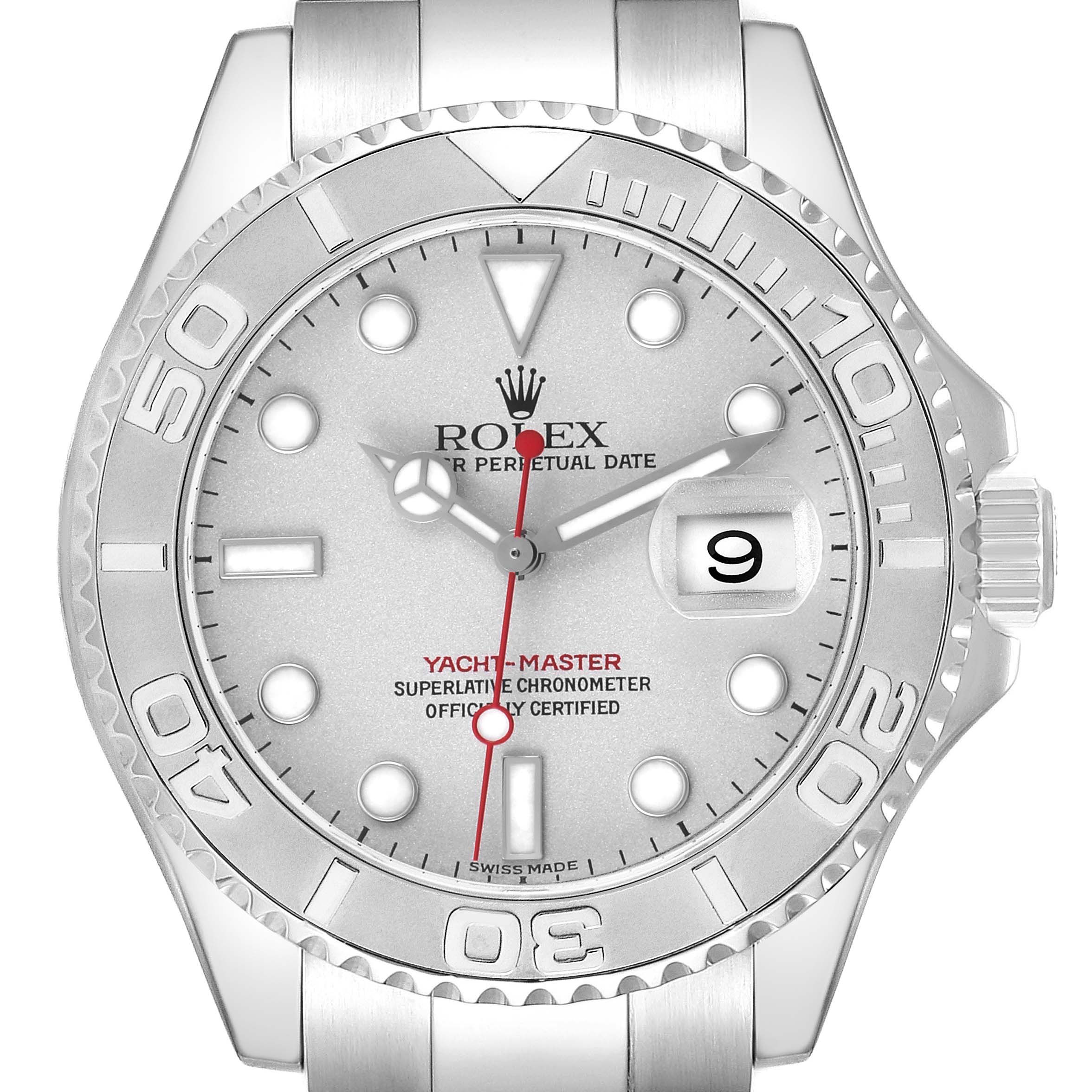 The Rolex Yacht-Master 16622 Men's Stainless Steel Silver Dial watch is shown from the front, highlighting its bezel, dial, and crown.