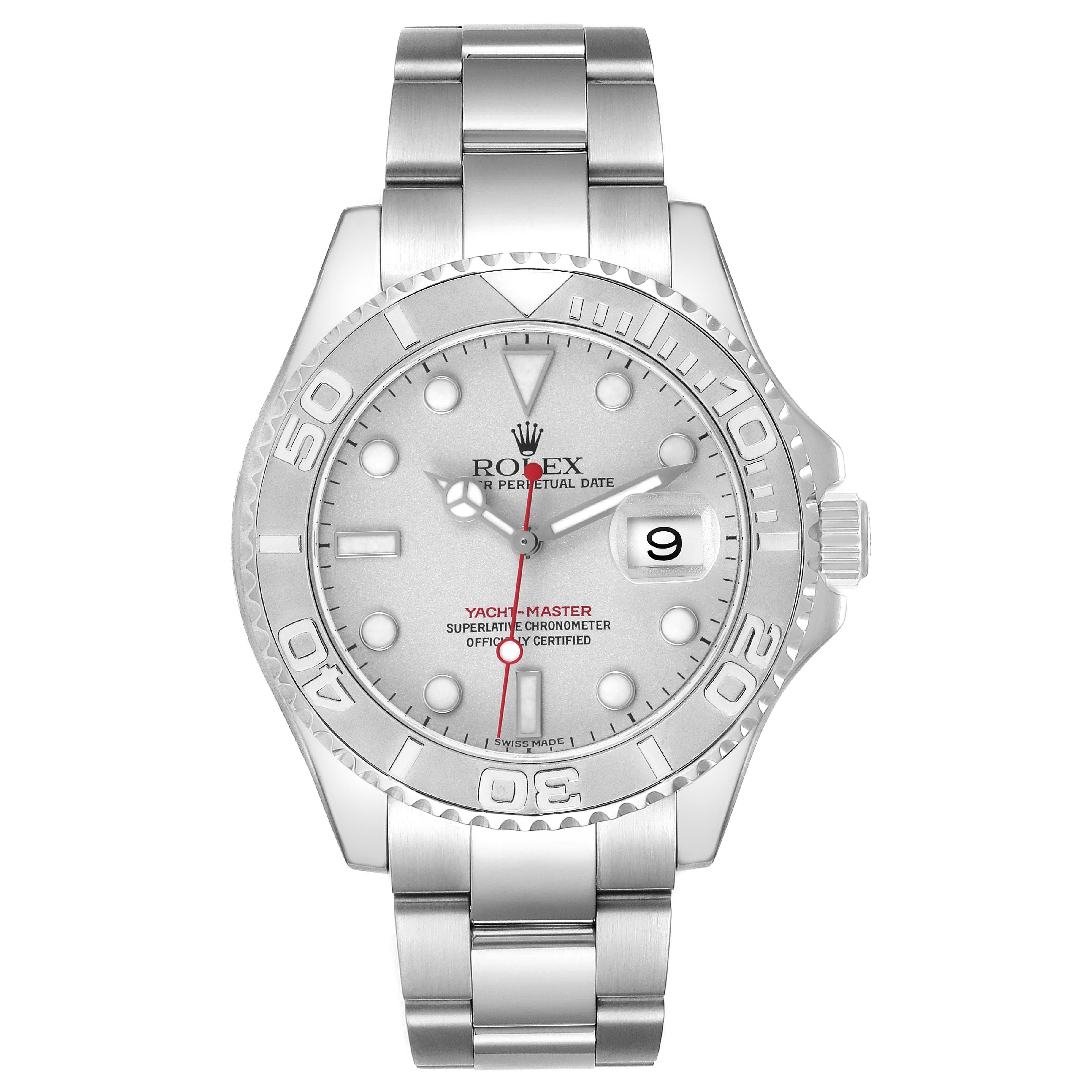 The Rolex Yacht-Master 16622 Men's Stainless Steel Silver Dial watch is shown from the front, highlighting its dial, bezel, and bracelet.