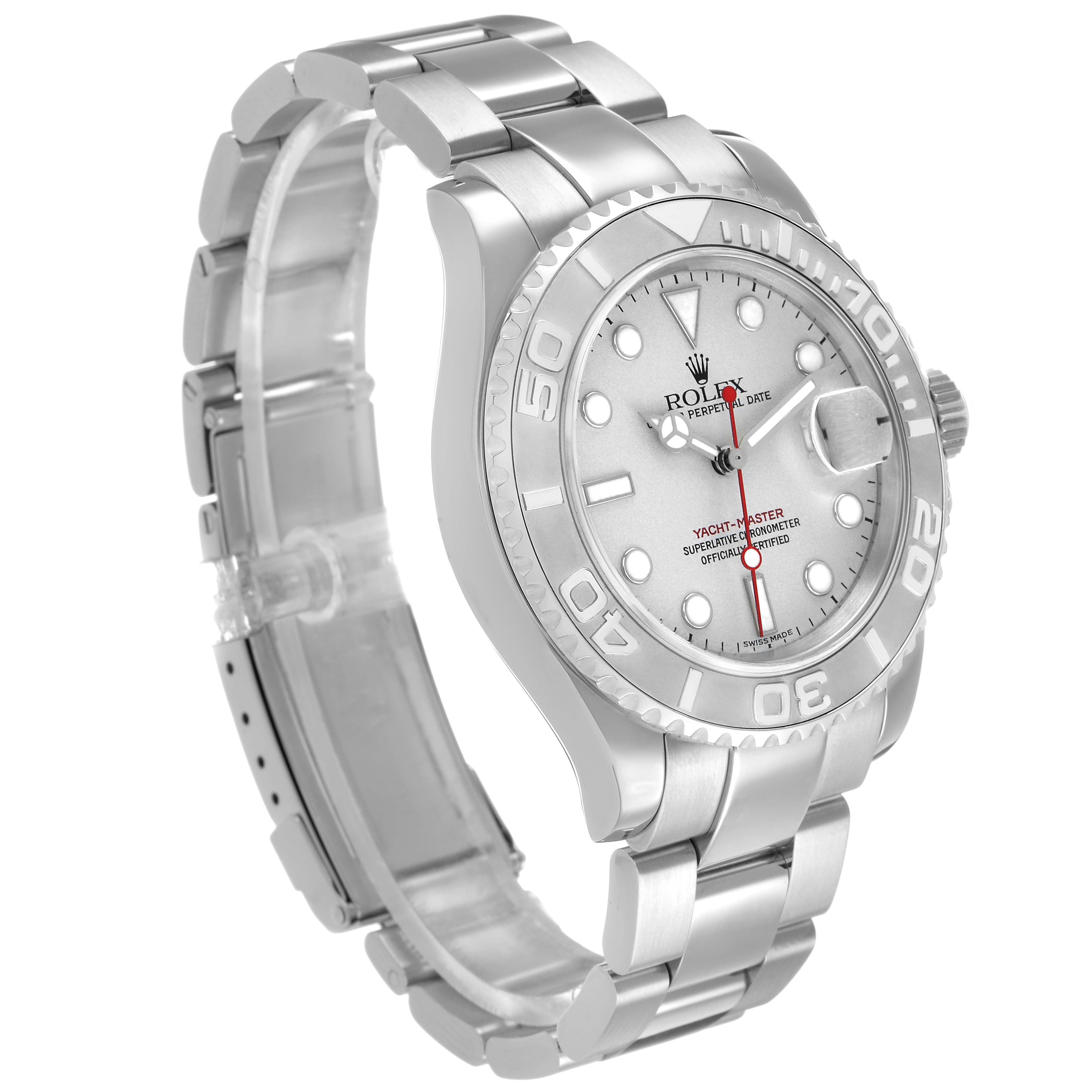 The Rolex Yacht-Master 16622 Men's Stainless Steel Silver Dial watch is shown at a three-quarter angle, highlighting the face, bezel, and part of the bracelet.