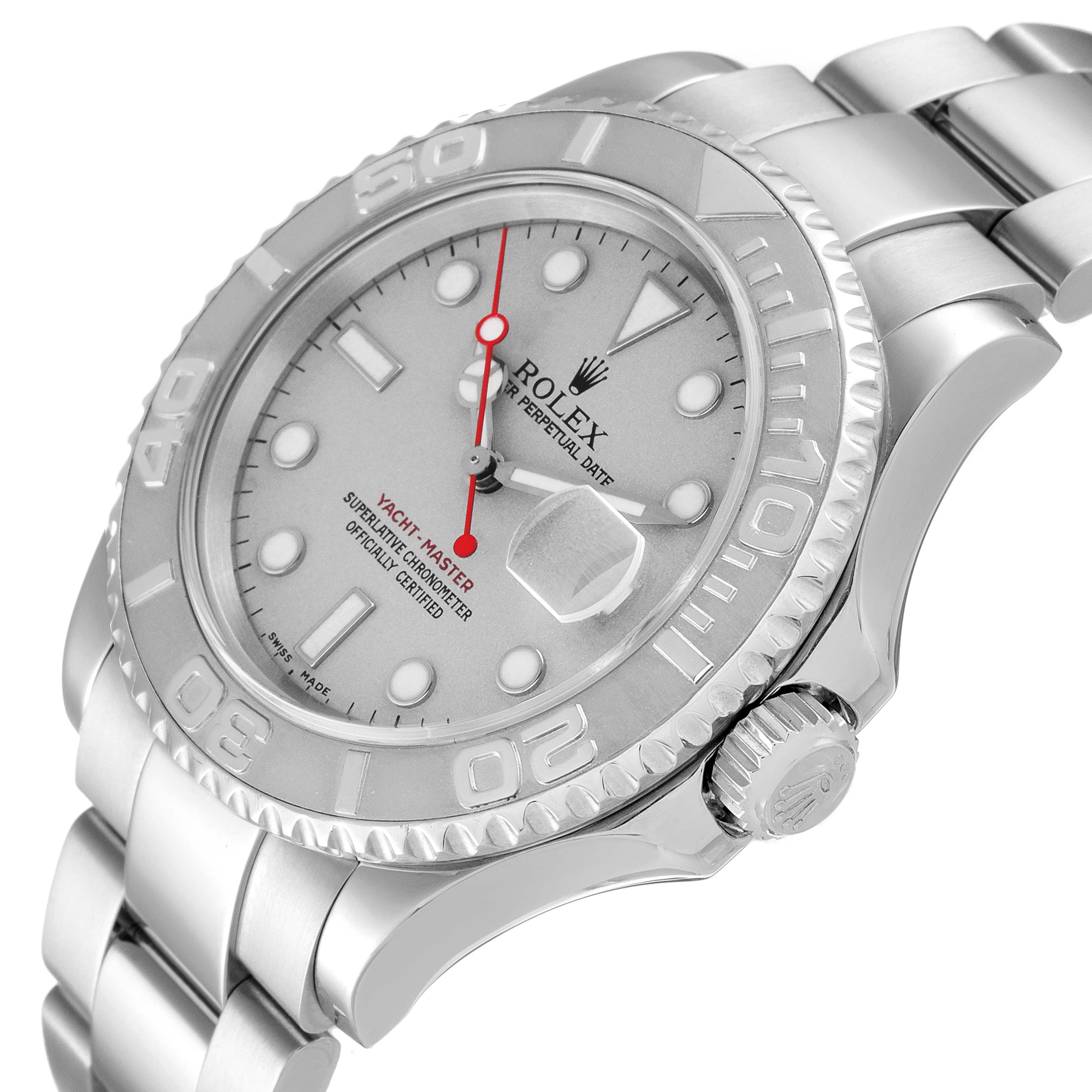 This Rolex Yacht-Master 16622 Men
s Stainless Steel Silver Dial 16622 Men
s Stainless Steel Silver Dial watch is shown from an angled close-up, displaying the dial, bezel, and part of the bracelet.