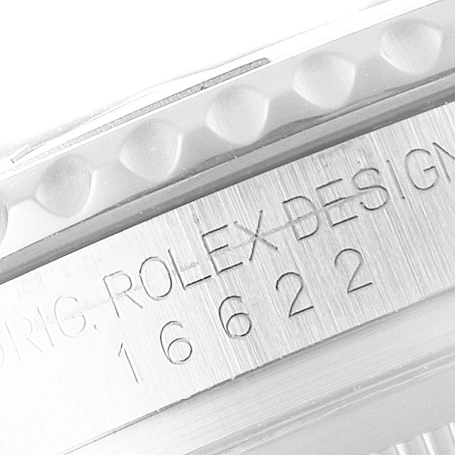 The image shows a close-up of the bezel and engraved model number on the side of a Rolex Yacht-Master 16622 Men
s Stainless Steel Silver Dial 16622 Men
s Stainless Steel Silver Dial watch.