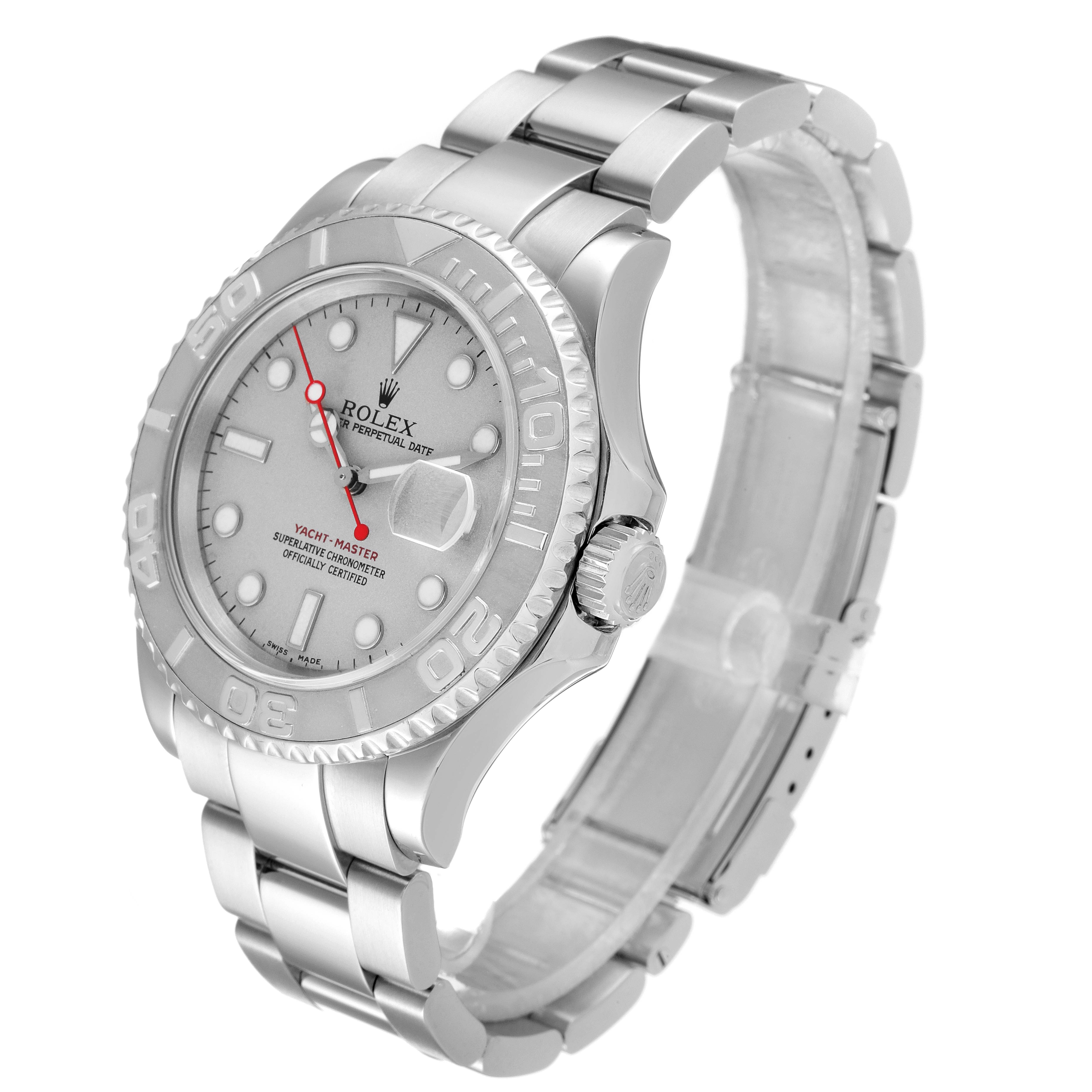 The image shows a Rolex Yacht-Master 16622 Men
s Stainless Steel Silver Dial 16622 Men
s Stainless Steel Silver Dial watch angled to display the face, bezel, crown, and bracelet.