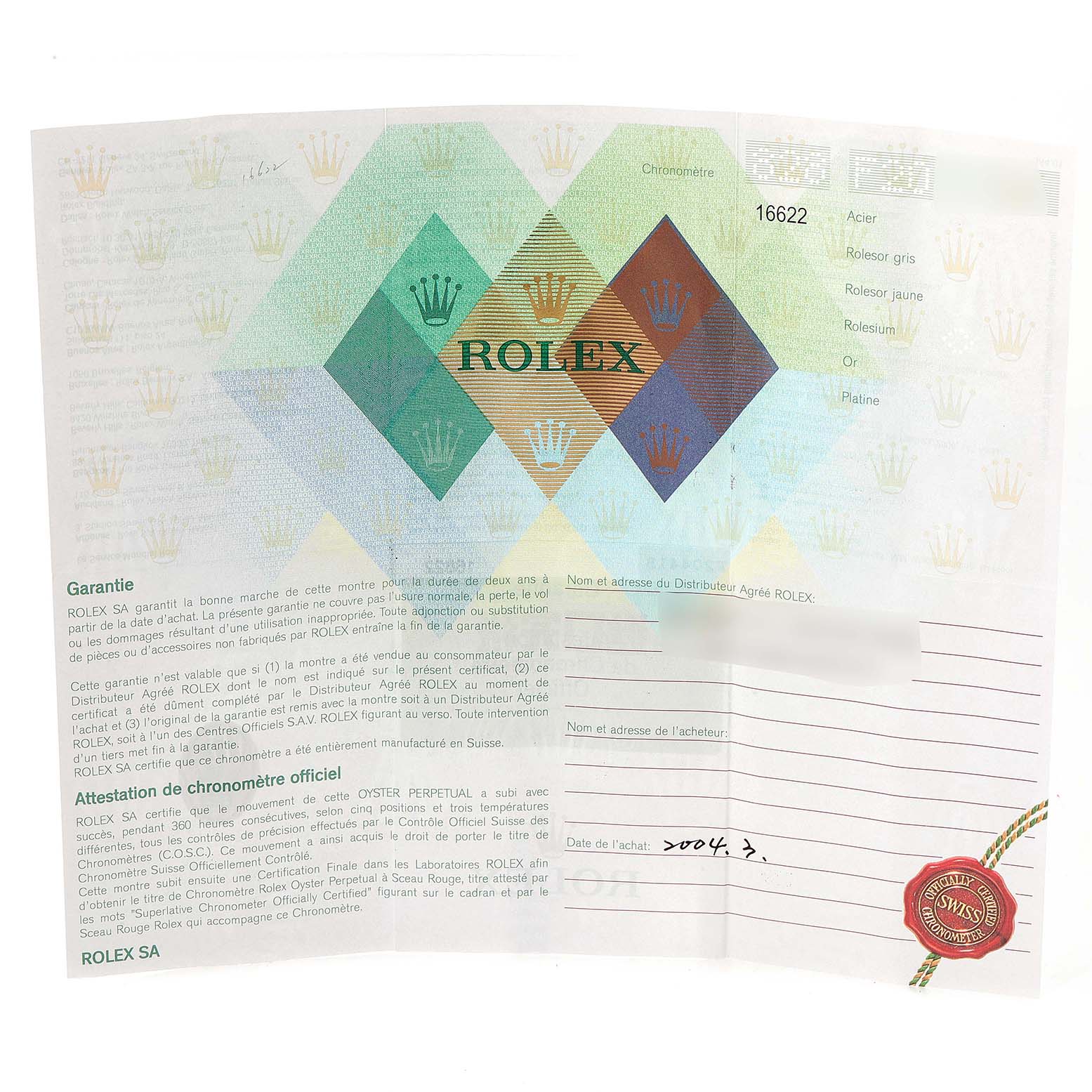 This image shows a warranty and certificate document for a Rolex Yacht-Master 16622 Men
s Stainless Steel Silver Dial 16622 Men
s Stainless Steel Silver Dial model.