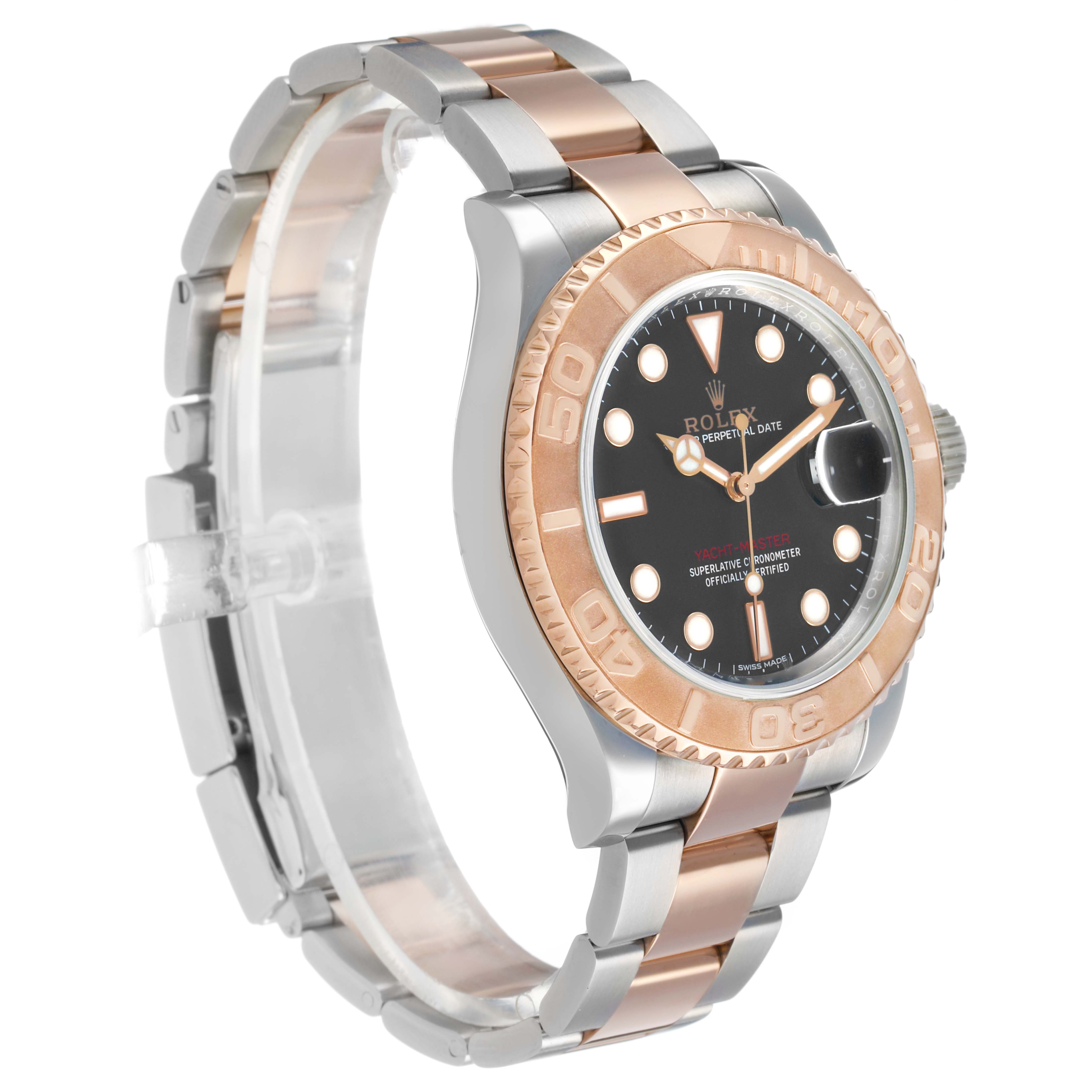 The Rolex Yacht-Master 116621 Men's Steel and Gold (two tone) Brown Dial watch is shown from a front-side angle, highlighting the dial, bezel, case, and bracelet.