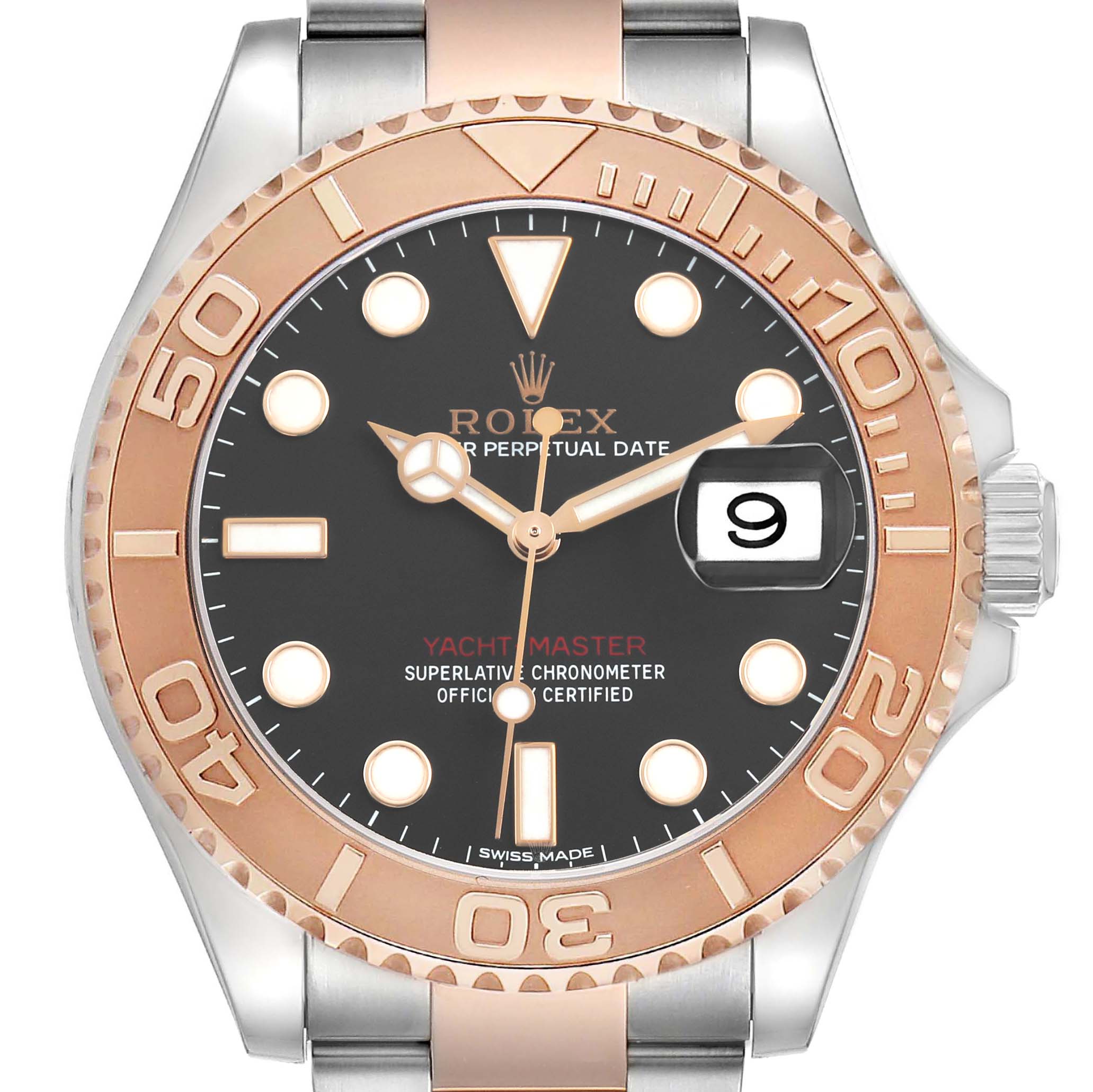 The Rolex Yacht-Master 116621 Men's Steel and Gold (two tone) Brown Dial watch is shown from the front, highlighting the bezel, dial, hands, and date display.