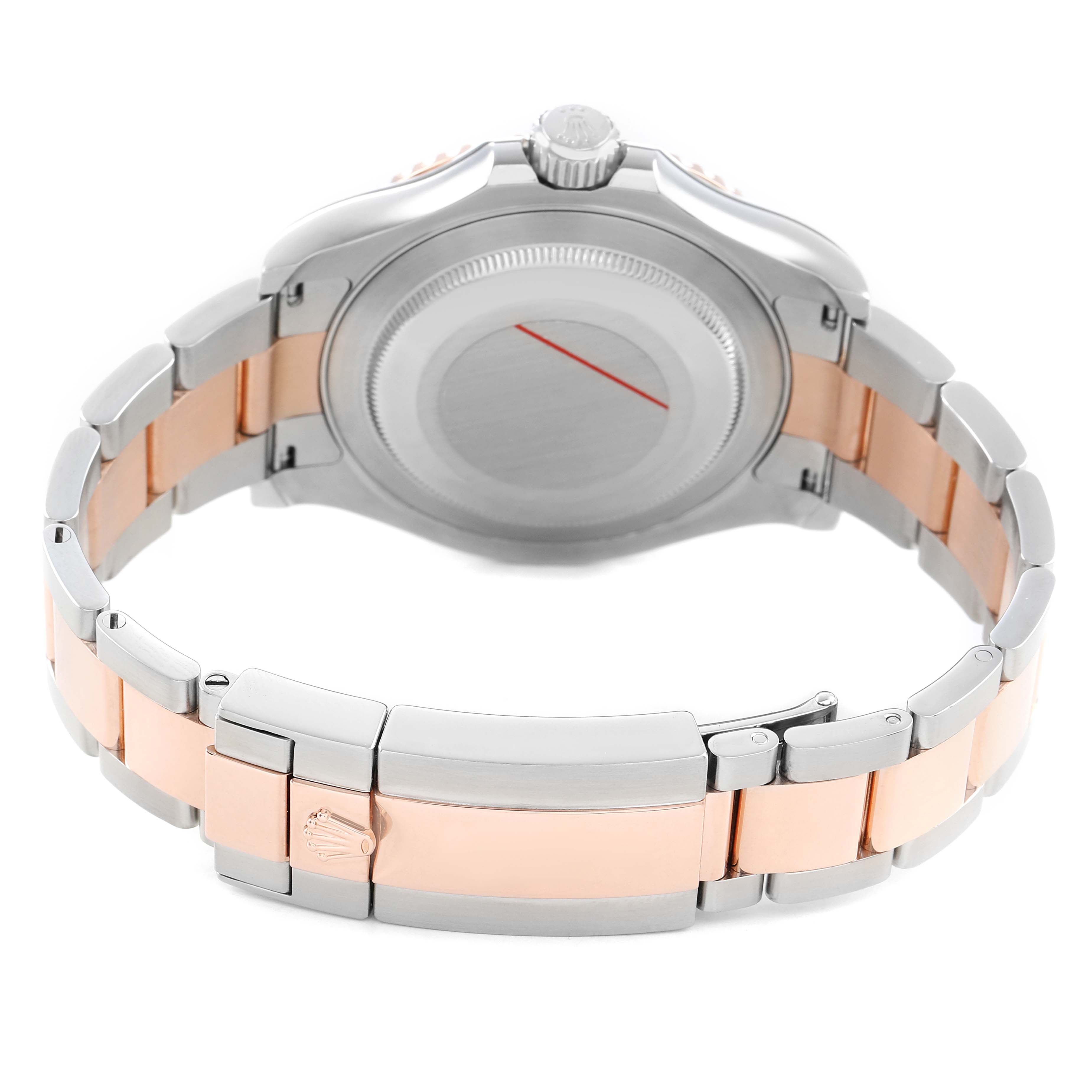 The image shows the backside of a Rolex Yacht-Master 116621 Men's Steel and Gold (two tone) Brown Dial watch, highlighting the case back, crown, and two-tone bracelet clasp.