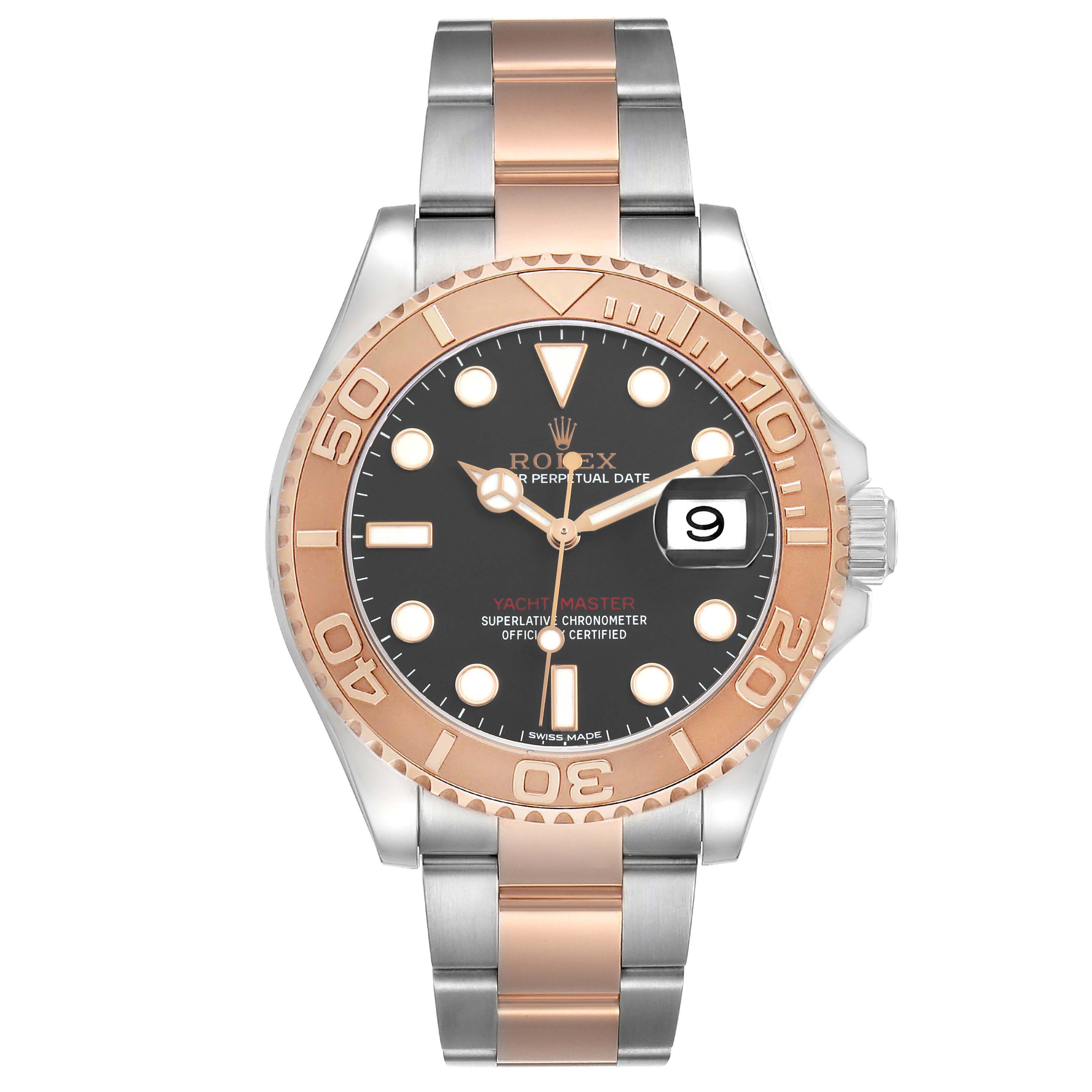 The image shows a Rolex Yacht-Master 116621 Men's Steel and Gold (two tone) Brown Dial watch from a top-down angle, highlighting the bezel, dial, hands, and bracelet.