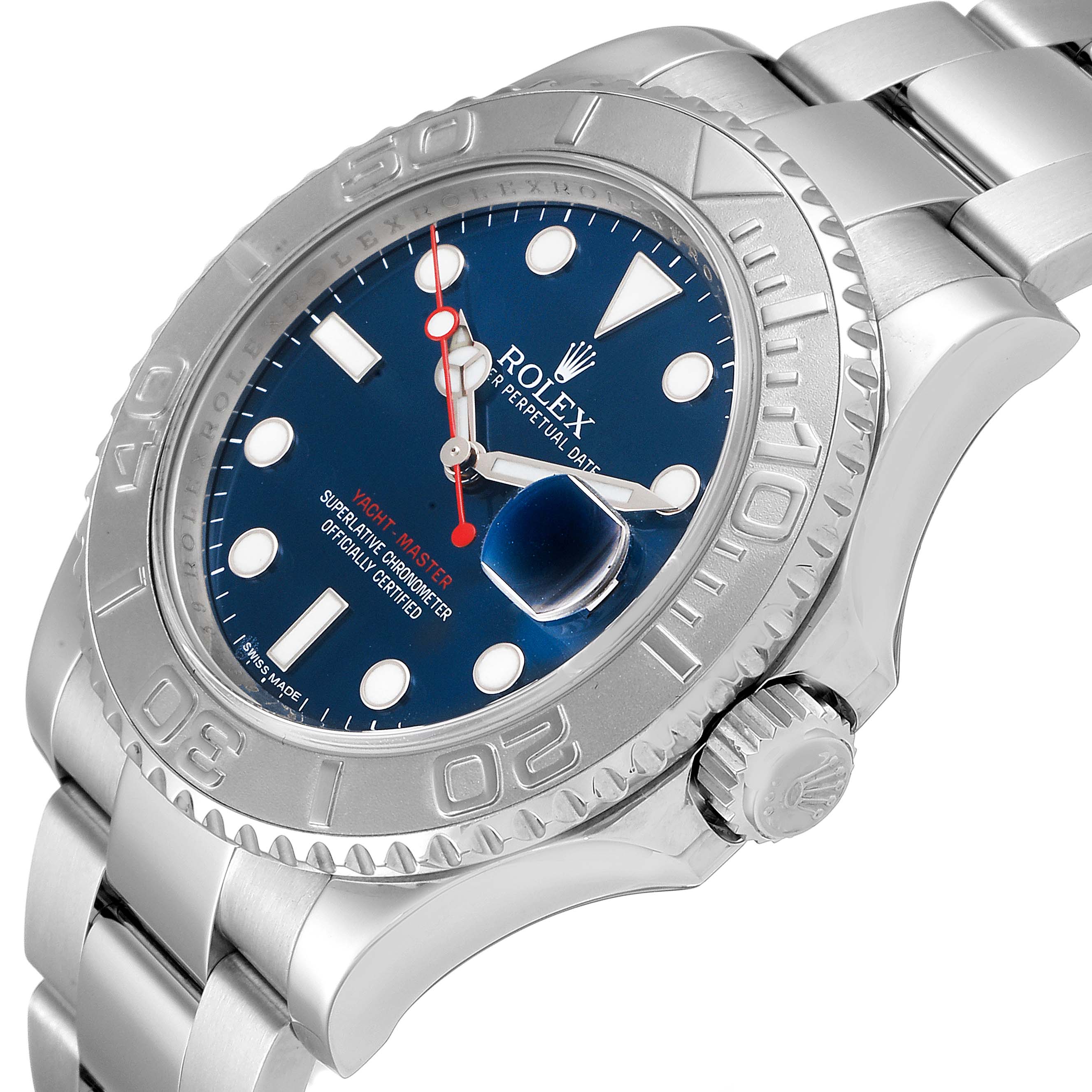The image shows the Rolex Yacht-Master 116622 Men
s Stainless Steel Blue Dial 116622 Men
s Stainless Steel Blue Dial watch at an angled close-up, highlighting the bezel, dial, and part of the bracelet.