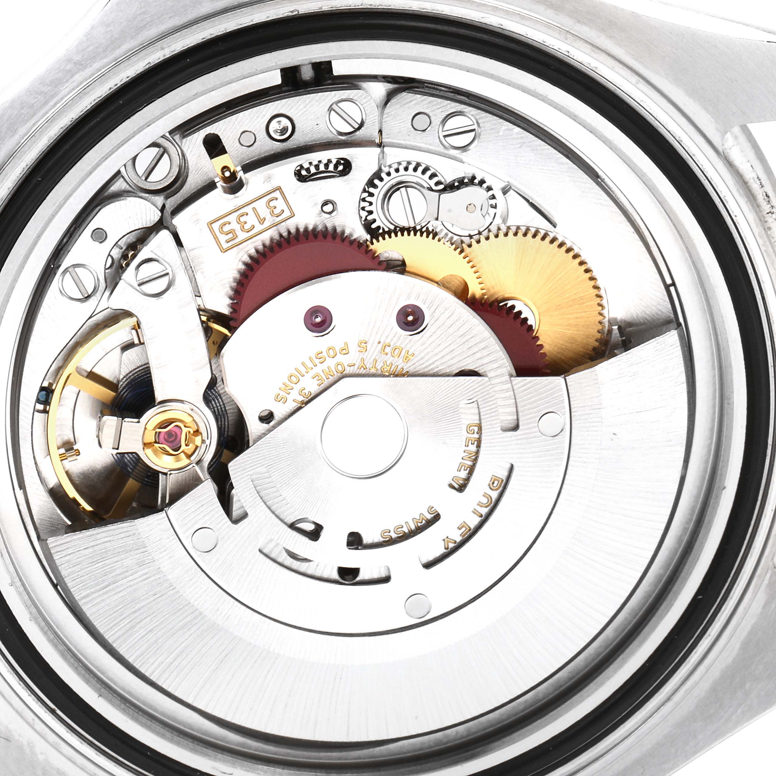 This image shows the intricate internal mechanism of a Rolex Yacht-Master 116622 Men
s Stainless Steel Blue Dial 116622 Men
s Stainless Steel Blue Dial watch from a close-up, top-down angle.