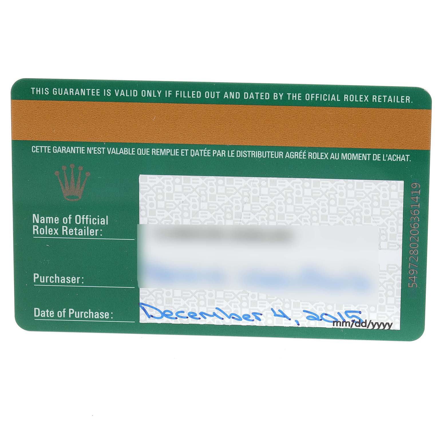 This image shows a Rolex guarantee card for the Yacht-Master model, featuring retail and purchase details.