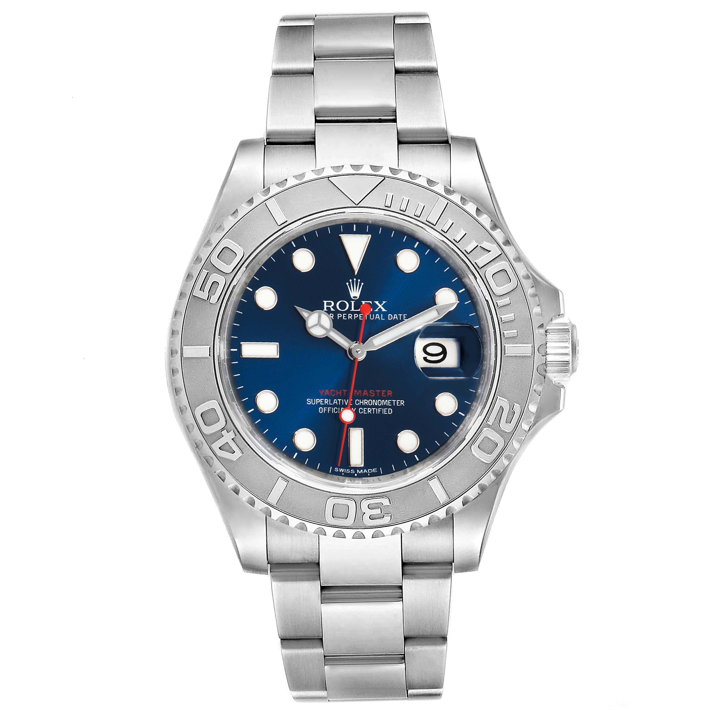 This image shows a front view of the Rolex Yacht-Master 116622 Men
s Stainless Steel Blue Dial 116622 Men
s Stainless Steel Blue Dial watch, displaying its face, bezel, and bracelet.