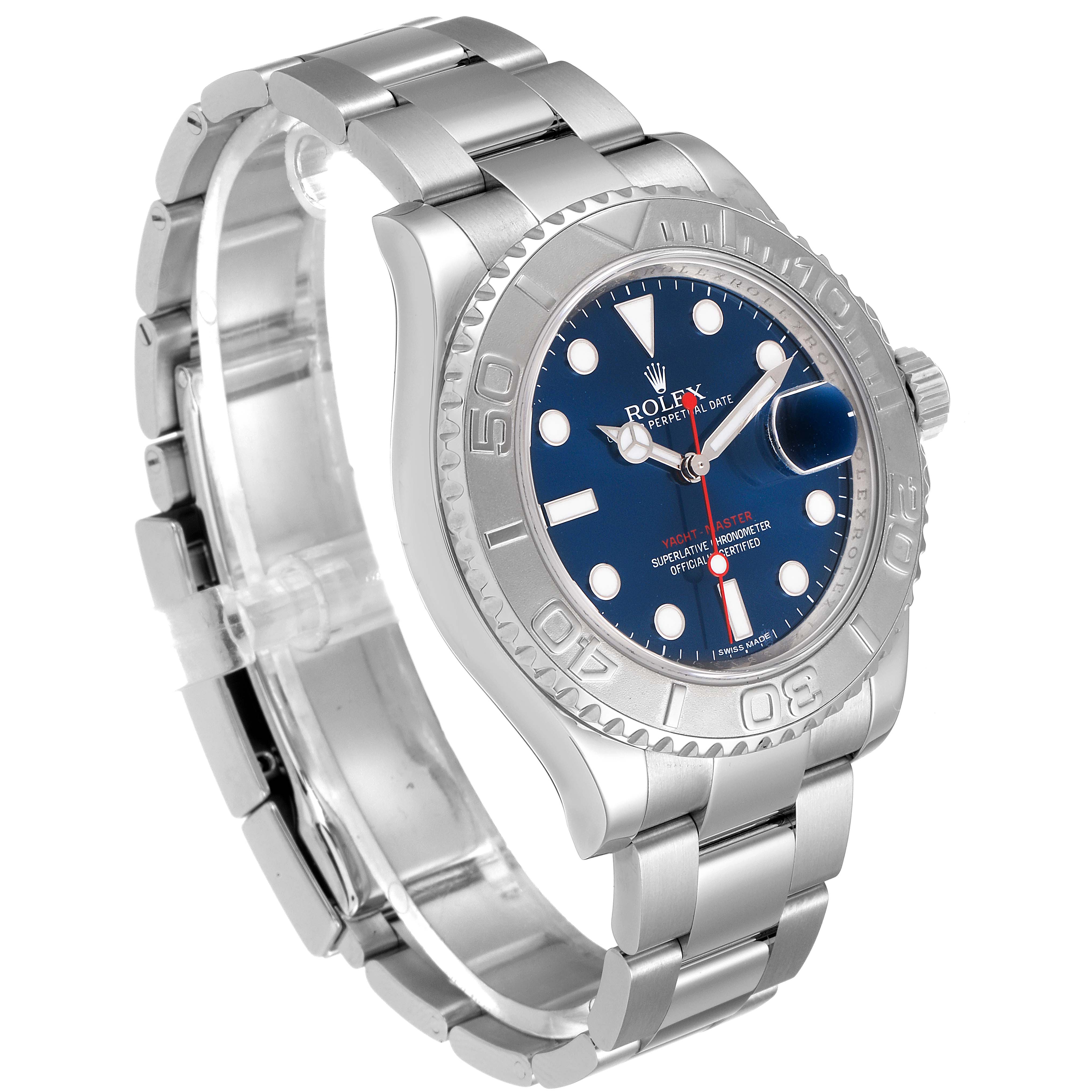 The image shows a Rolex Yacht-Master 116622 Men
s Stainless Steel Blue Dial 116622 Men
s Stainless Steel Blue Dial watch from a front angle, displaying the face, bezel, and bracelet.