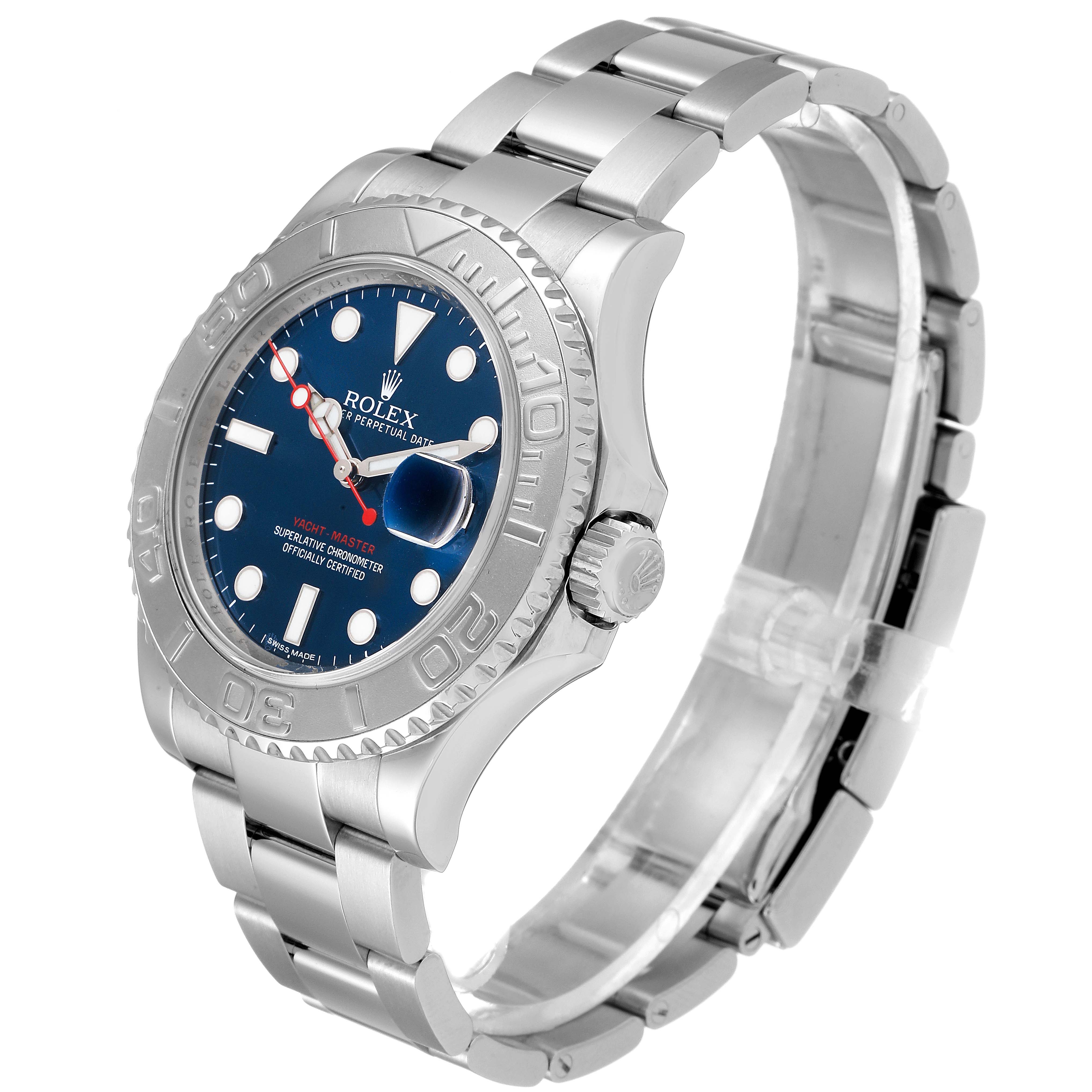 The Rolex Yacht-Master 116622 Men
s Stainless Steel Blue Dial 116622 Men
s Stainless Steel Blue Dial watch is shown at an angled side view, displaying its face, bezel, crown, and bracelet.