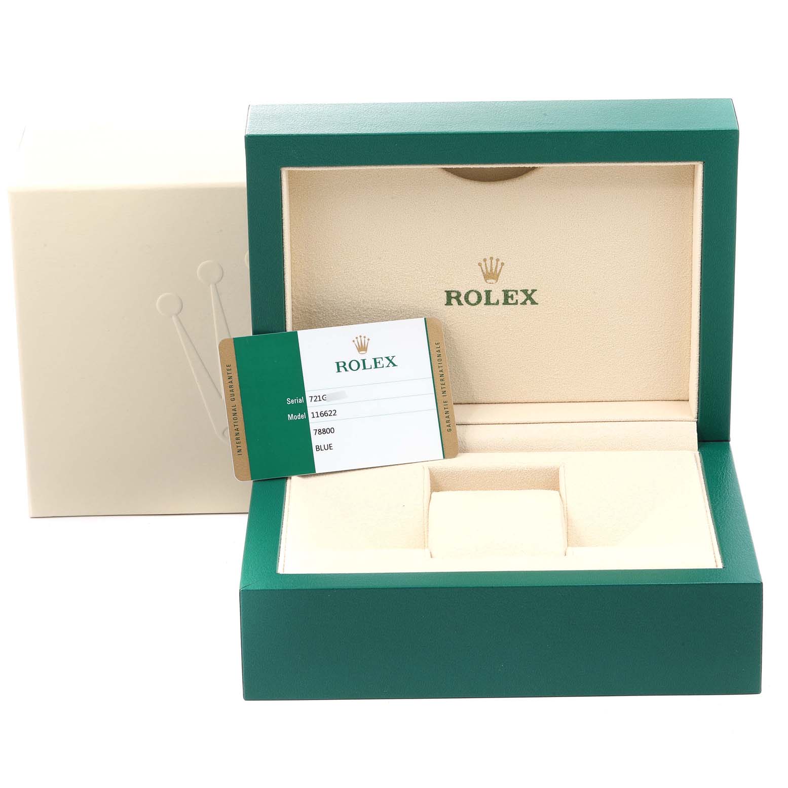 This image shows an open Rolex Yacht-Master 116622 Men
s Stainless Steel Blue Dial 116622 Men
s Stainless Steel Blue Dial watch box and a warranty card.