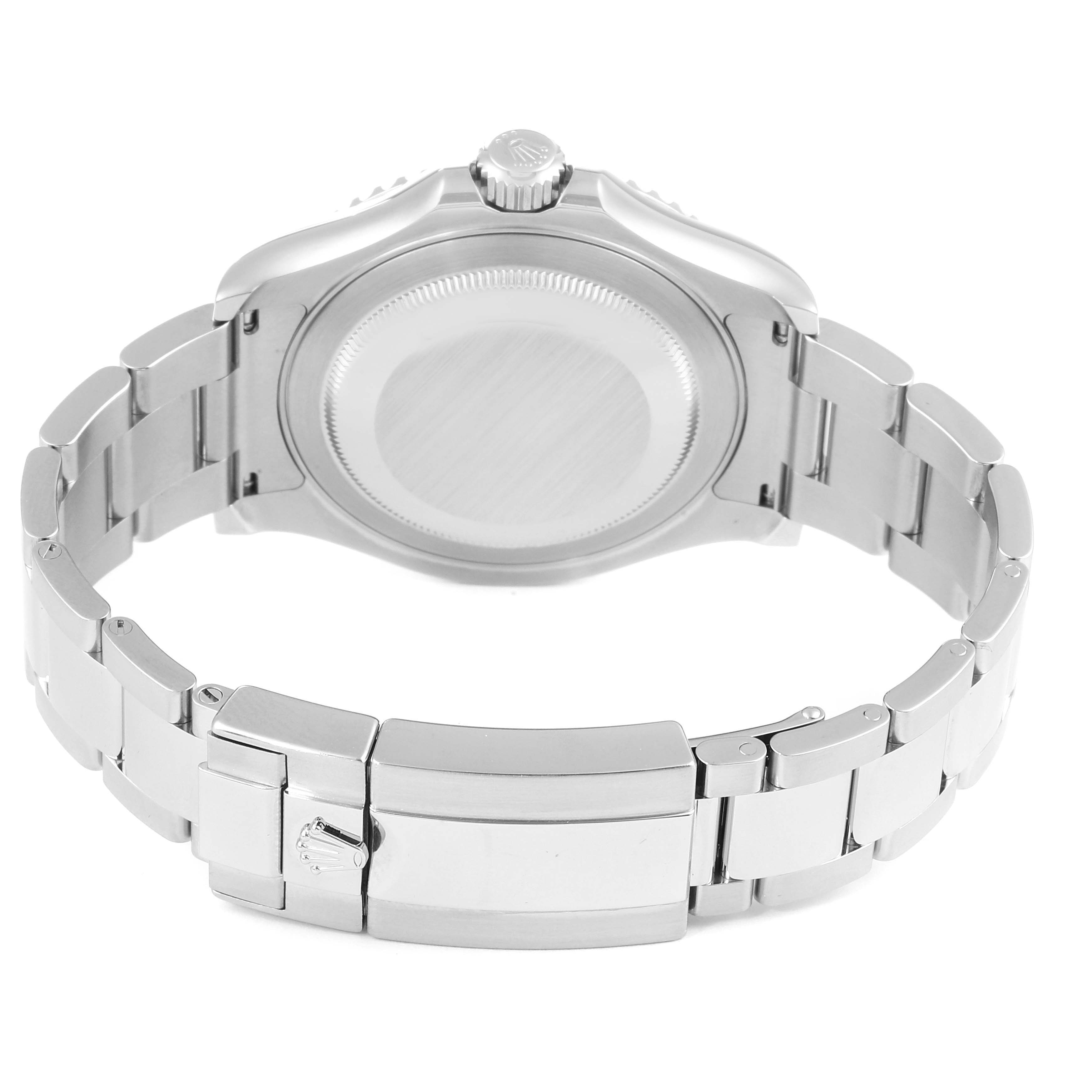 The image shows the back view of a Rolex Yacht-Master 116622 Men
s Stainless Steel Blue Dial 116622 Men
s Stainless Steel Blue Dial watch, highlighting the bracelet, case back, and clasp.