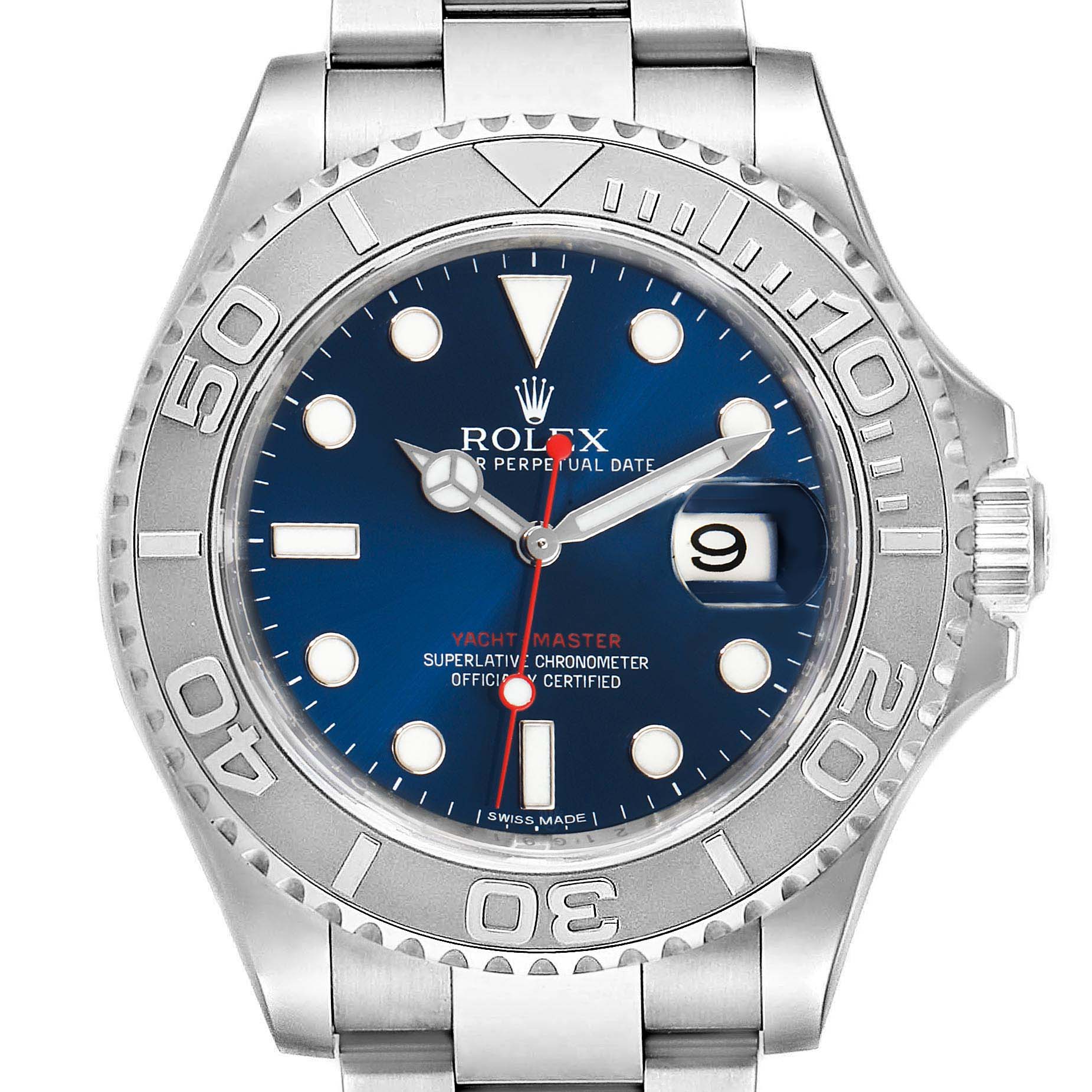 The image shows a front view of a Rolex Yacht-Master 116622 Men
s Stainless Steel Blue Dial 116622 Men
s Stainless Steel Blue Dial watch featuring a blue dial and the date display.